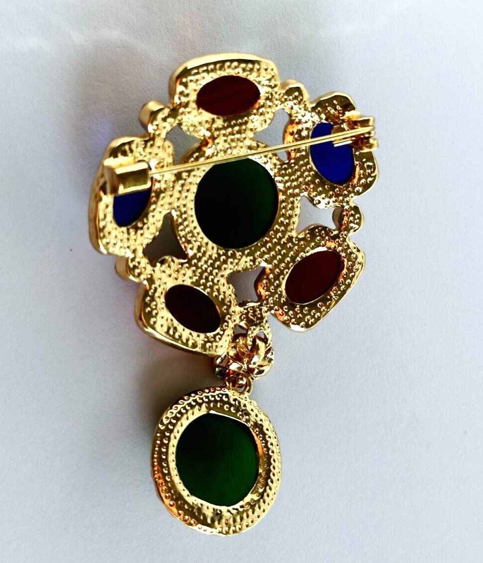 Gold Tone & Multicolor Cabochon Acrylic & Crystal Rhinestones Brooch