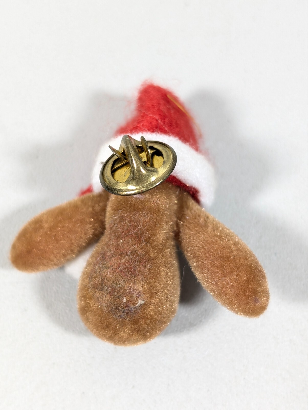Vintage Fuzzy Christmas Reindeer Pin Brown Red Santa Hat 3D