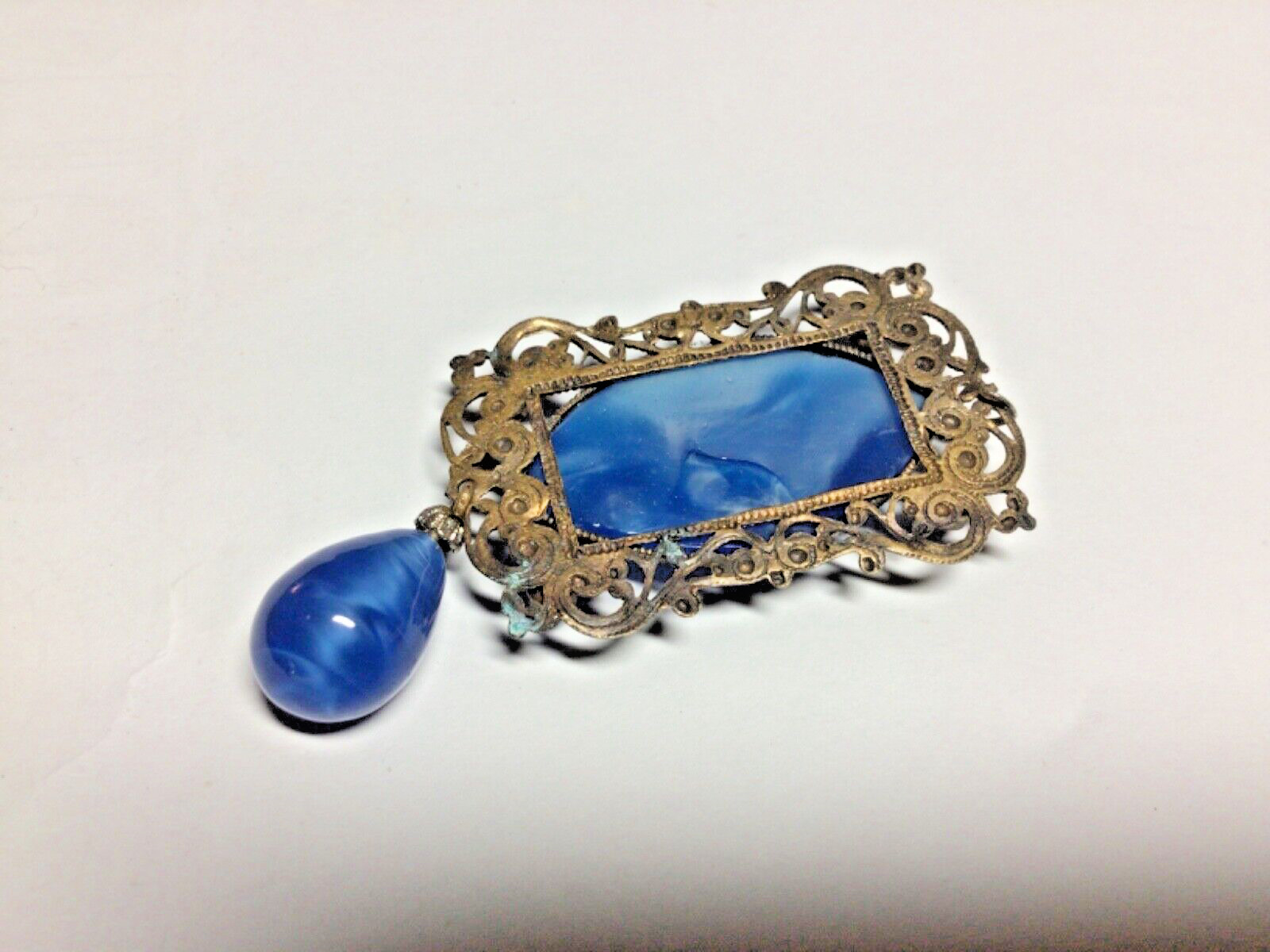 Antique Jewelry, Blue Dragon Agate Stone Set in Metal Scroll