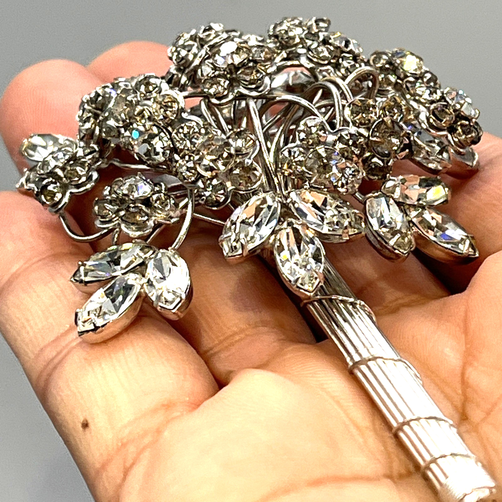 Original By Robert Brooch Bouquet of Flowers Rhinestone Brooch Silver Tone 3.5″