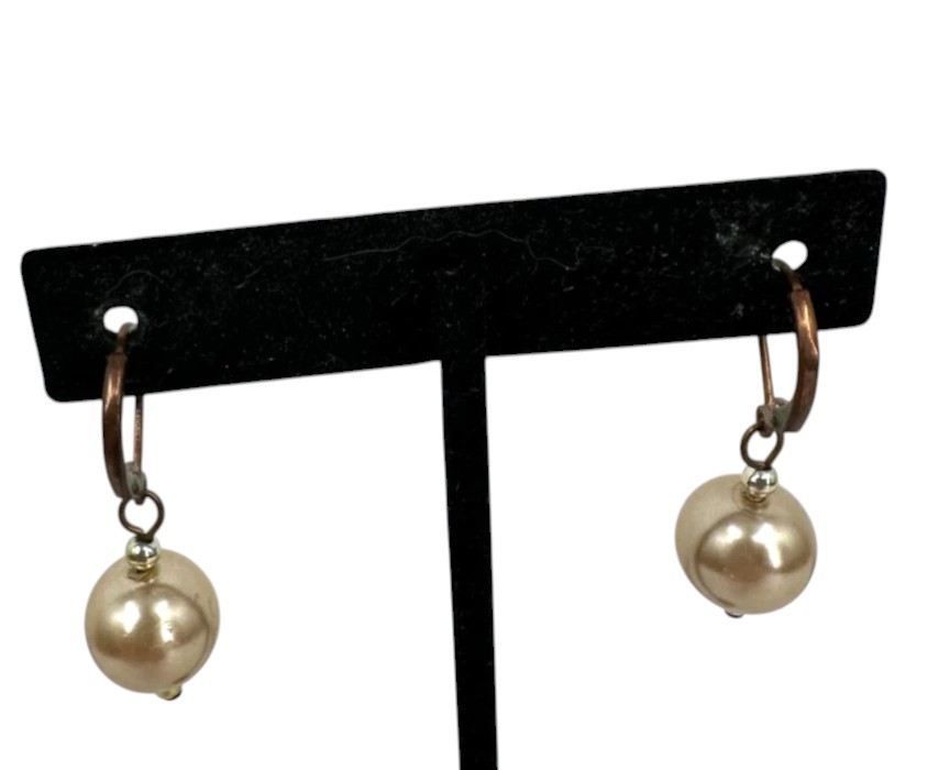 Vintage Brass Tone Faux Pearl Drop Earrings Leverback Classic Elegant Dangle