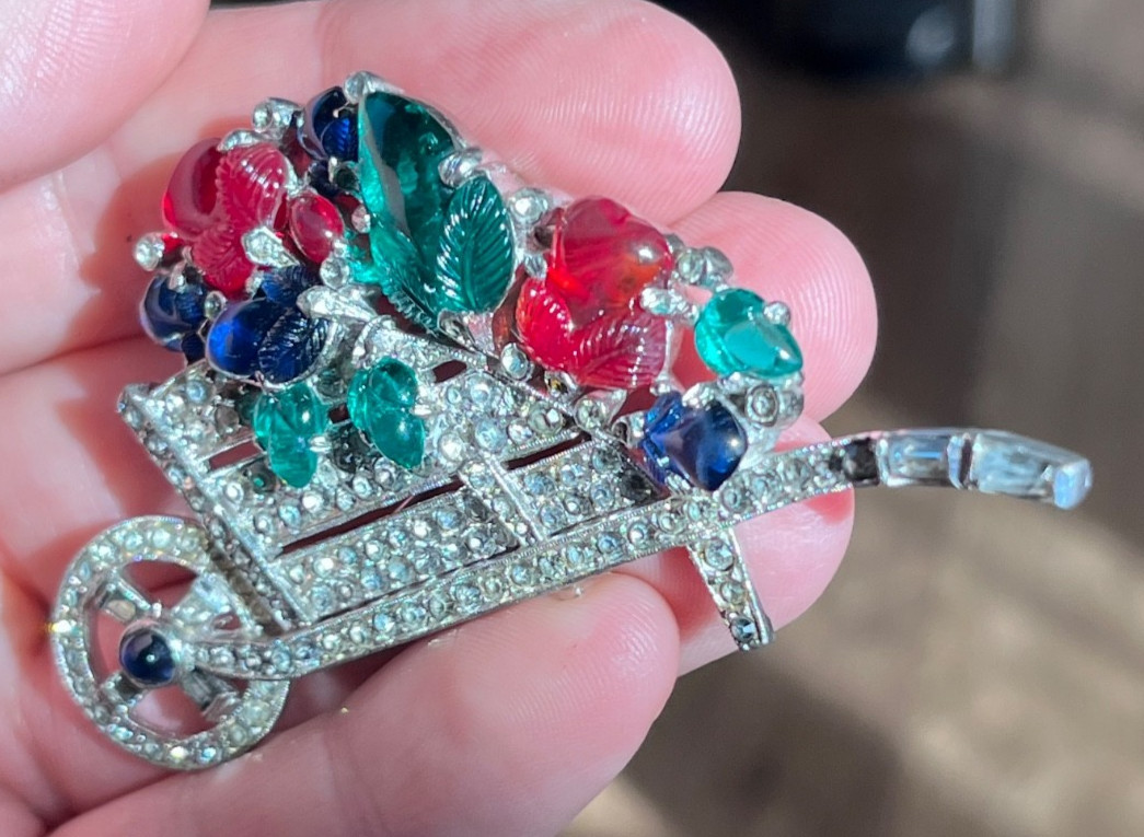 Crown Trifari Fruit Salad Flower Wheelbarrow Brooch Clip Alfred Philippe Deco