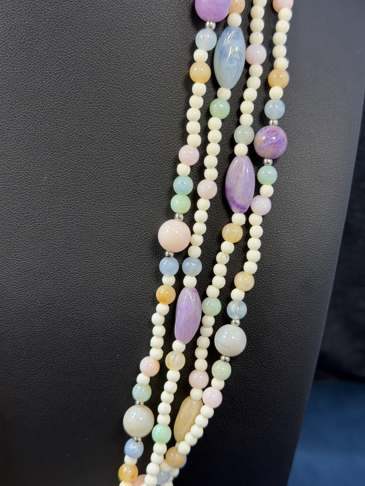 Vintage Multi Strand Glass Beaded Necklace Earrings Set 3 PC Lavender Pastels