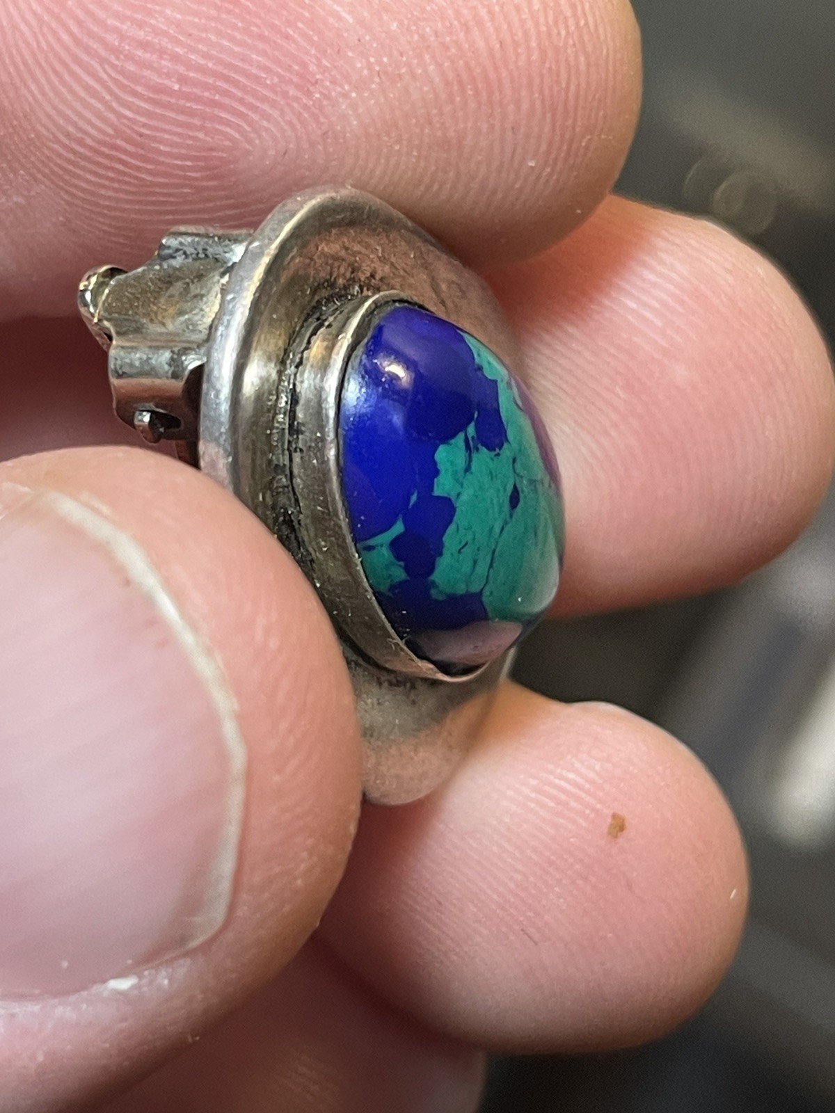 Vintage Sterling Azurite Heavy Clip On Earrings Mexico 925 TH-97 *See Pics/Notes