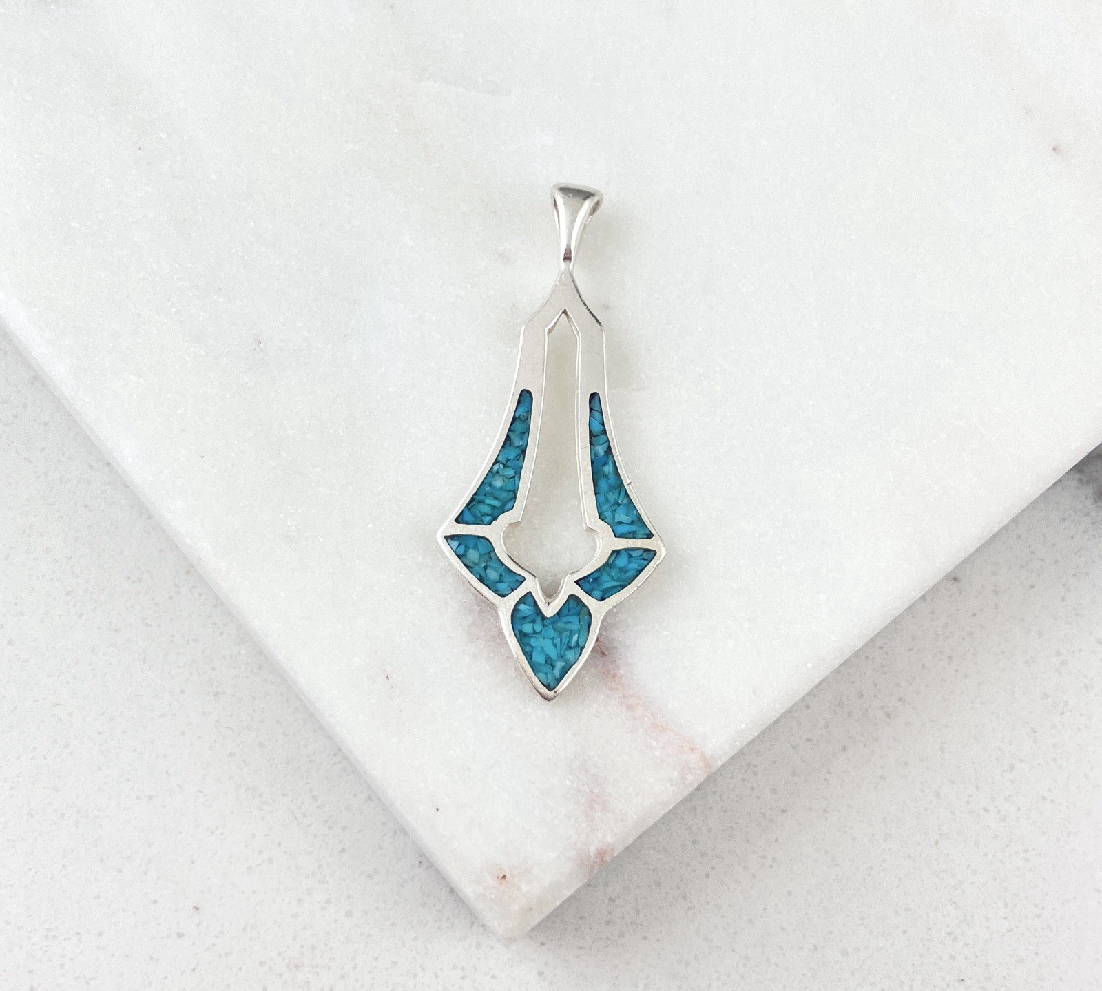 Vintage 925 Sterling Silver Blue Turquoise Chip Inlay Minimal Pendant