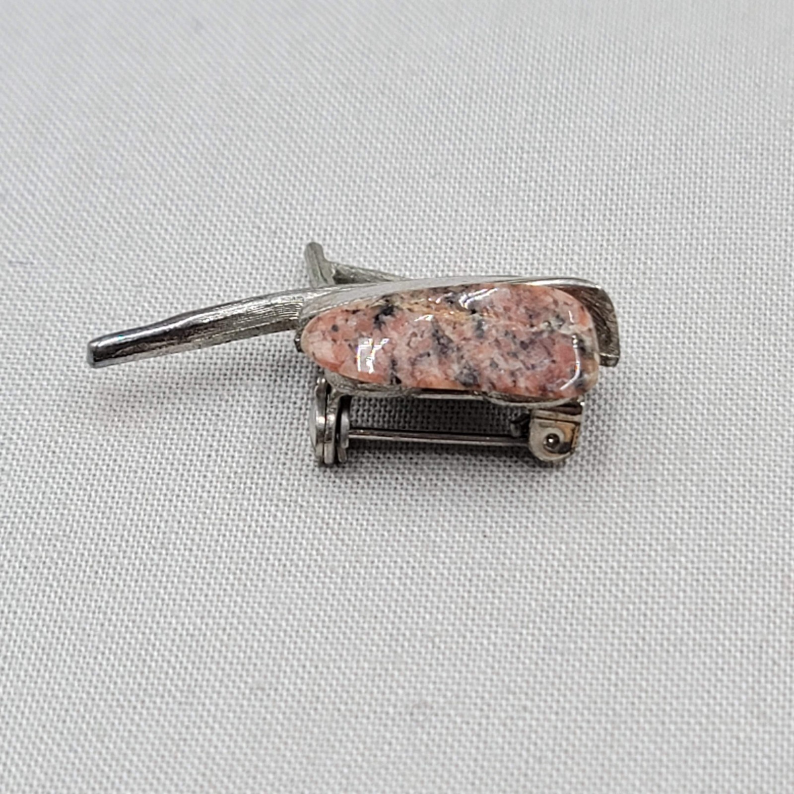 Vintage Pink Jasper Polished Stone Wheelbarrow Brooch Silver tone 1.5″