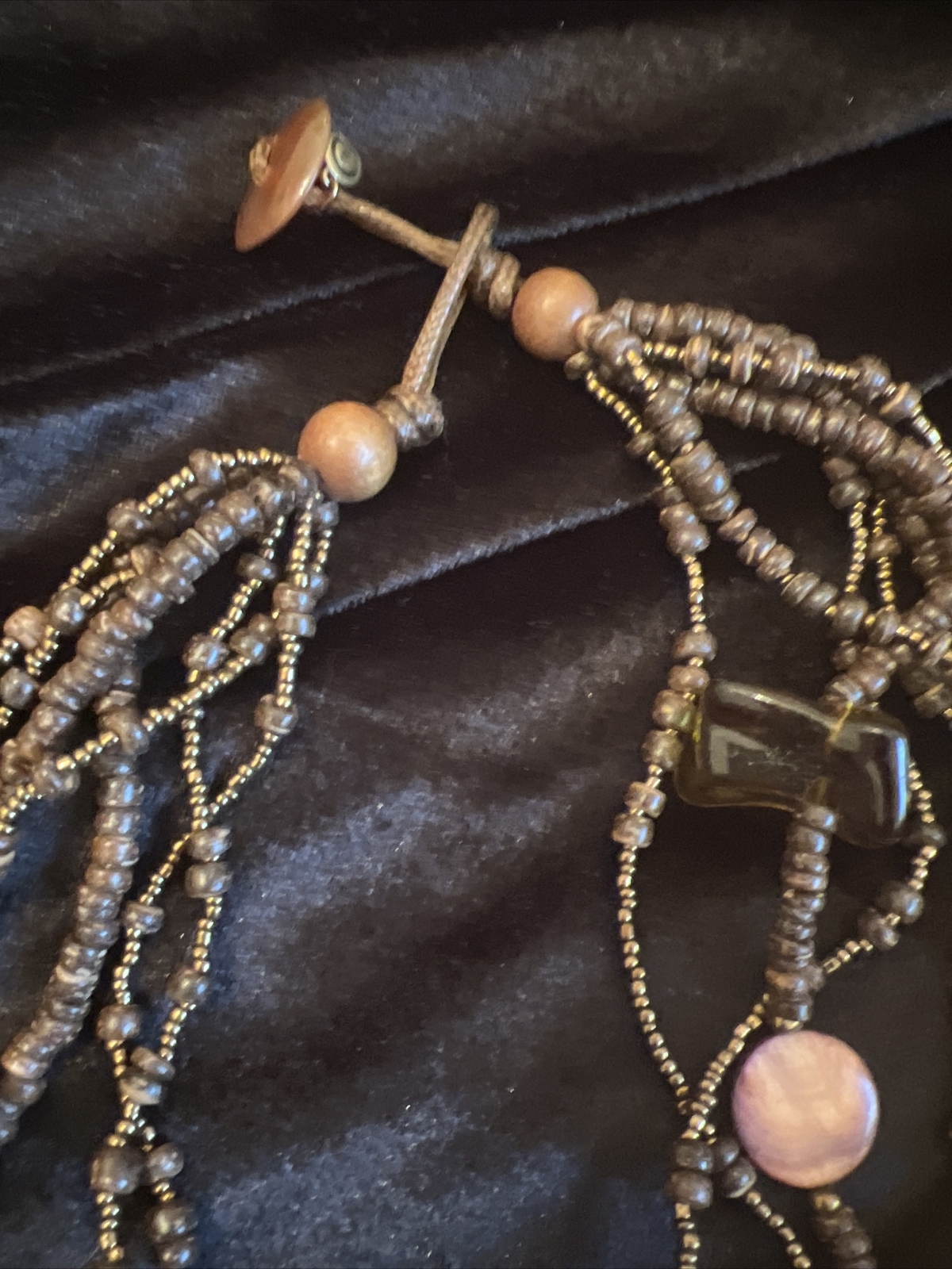 1946 Brand Brown Gold Color Lucite MOP And Wood Bead Multilayer Necklace Vtg