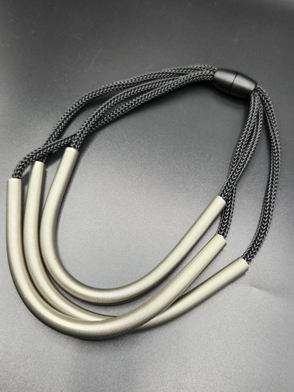 Modernist Multi Strand Black Mesh Woven Cord Necklace With Silver Tone Tubes