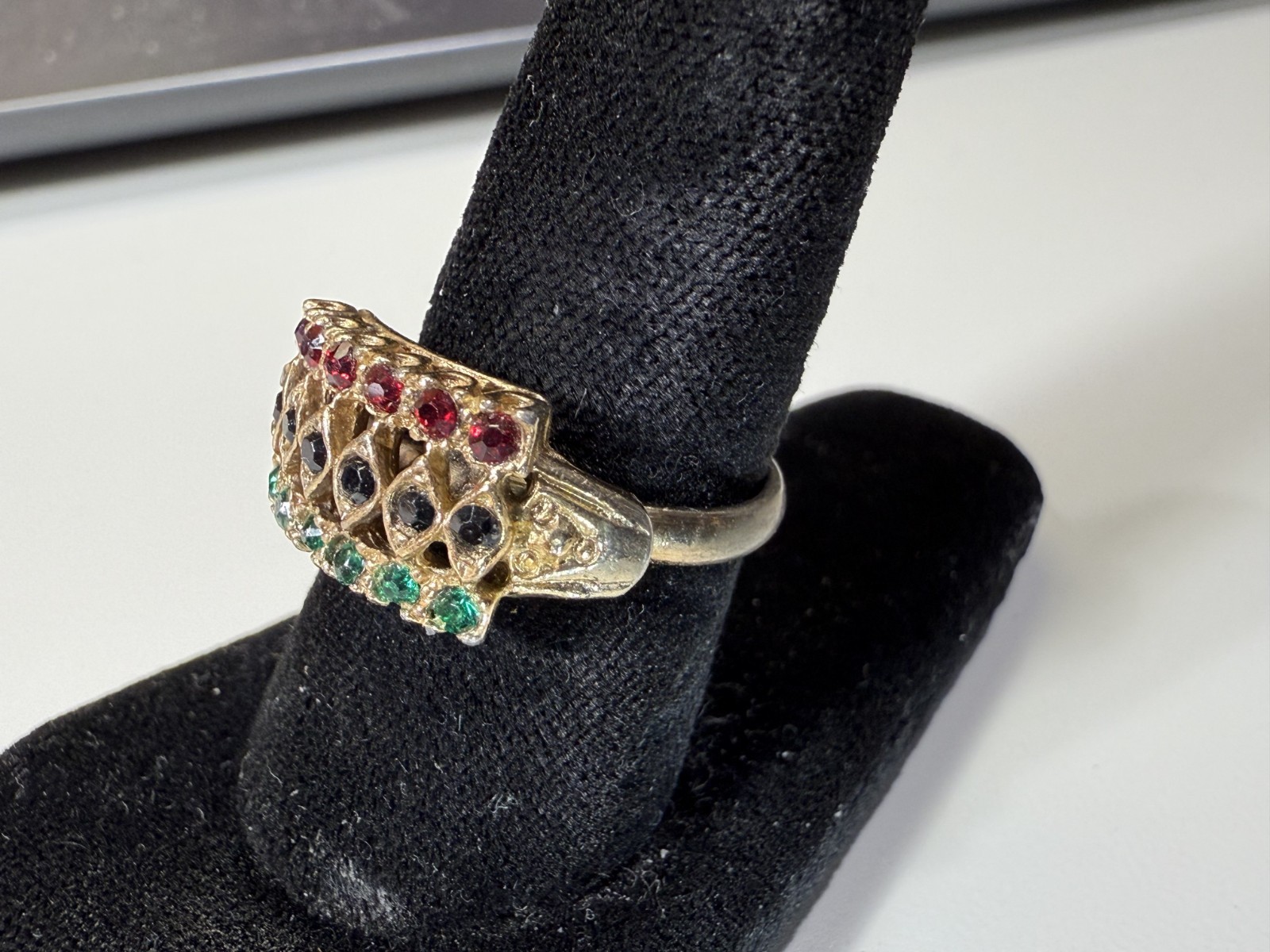 Vintage Red Green & Black Rhinestone Gold Tone Ring Size 7