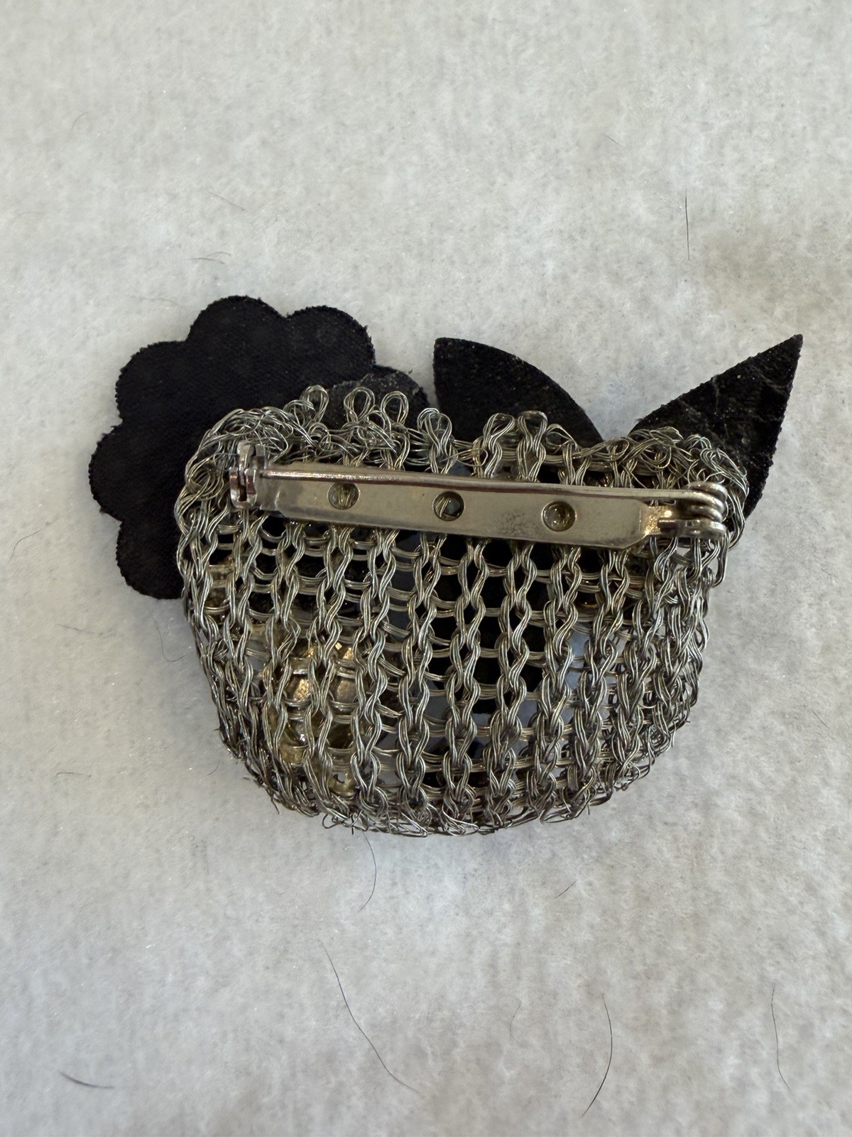Handmade Vintage Brooch Rhinestone Leather and Metal Paris