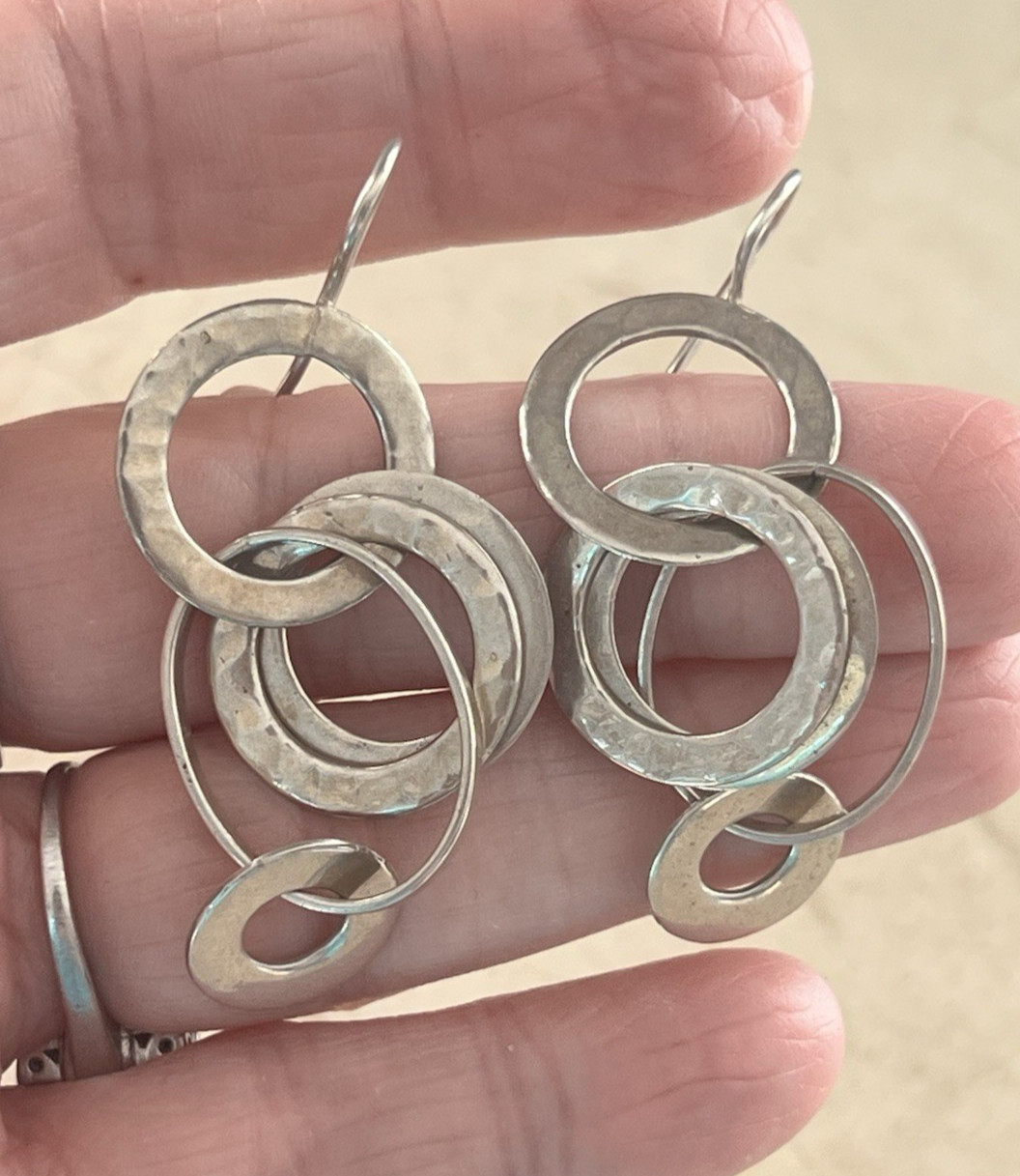 Vintage Sterling 9225 Multi Circle Hoop Dangle Drop Earrings 2 1/4″