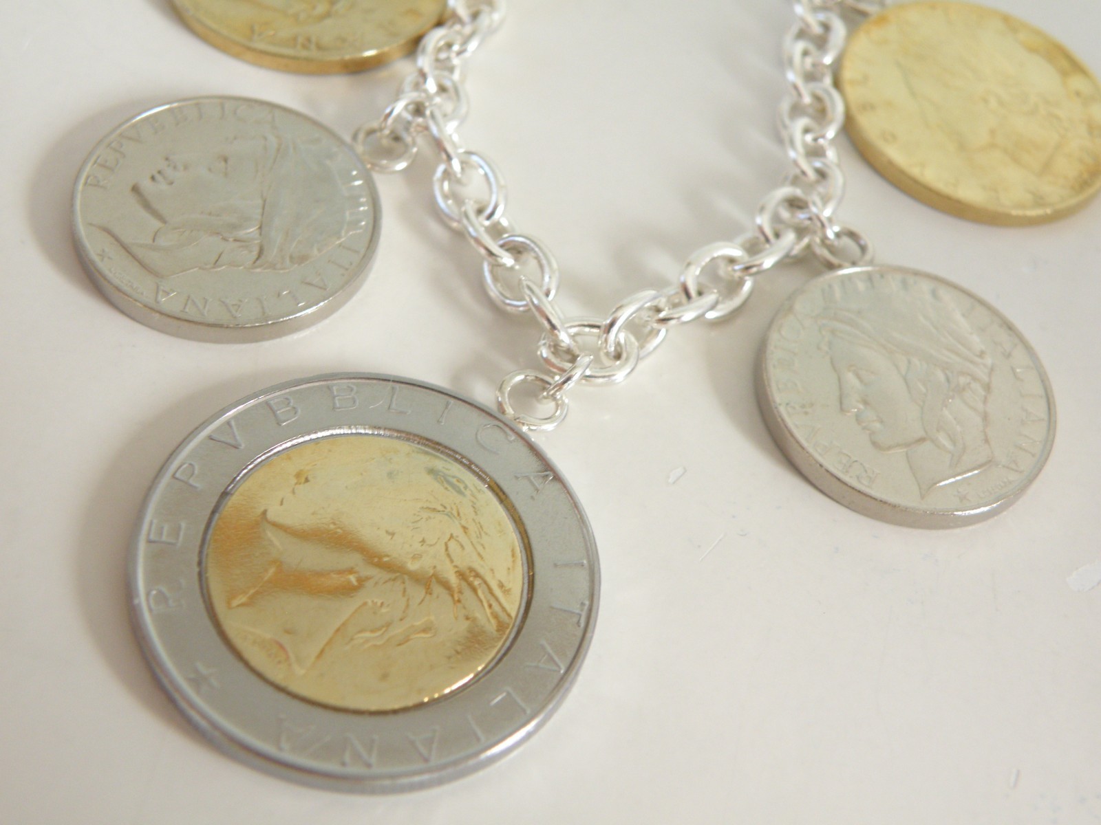 Milor Italy Sterling Silver 925 Italian Coin Charm Rolo Link Heavy Necklace 20″