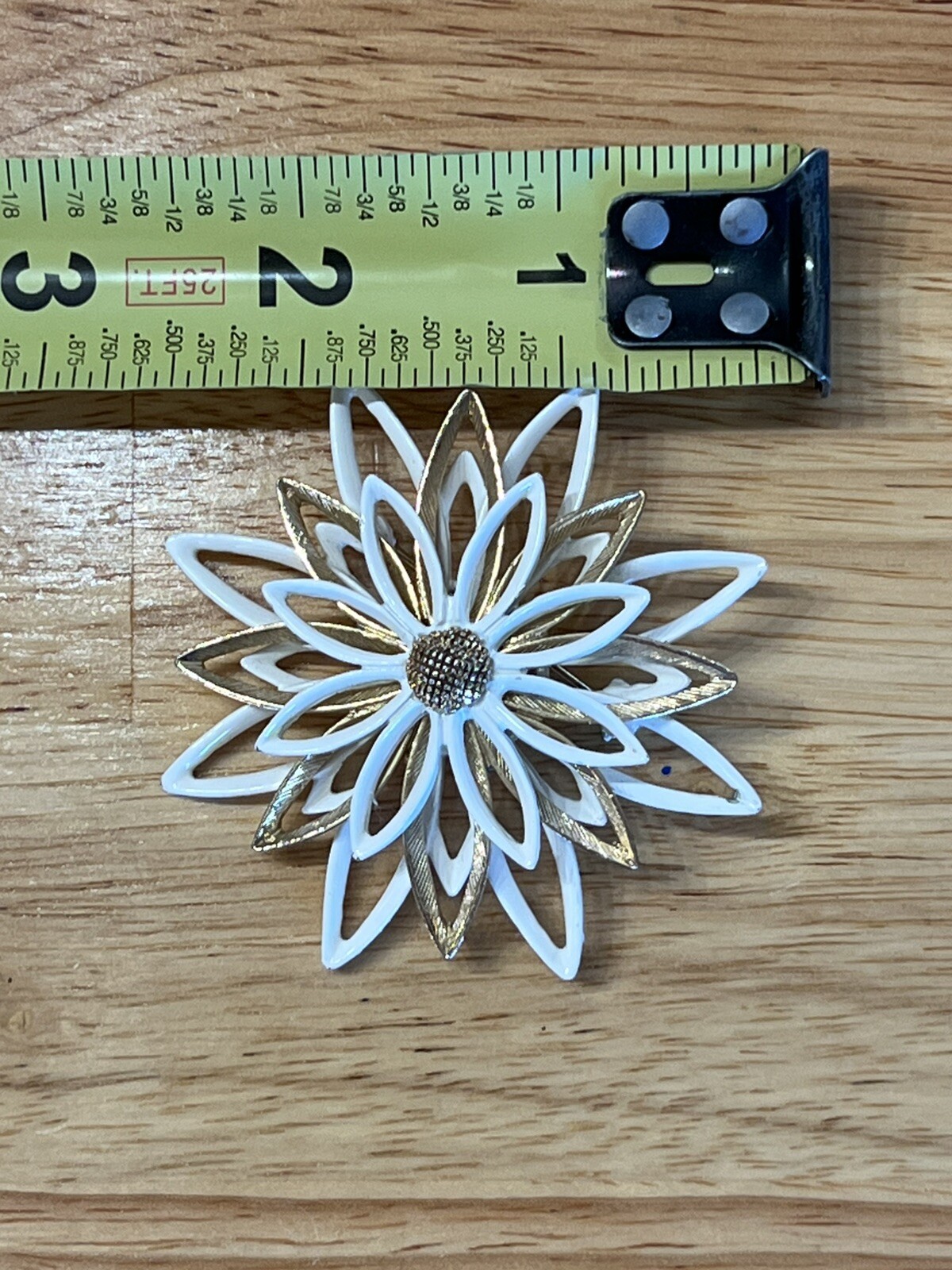 Flower Brooch Vintage Gold And White Enamel On Metal Flower Pin Signed Art