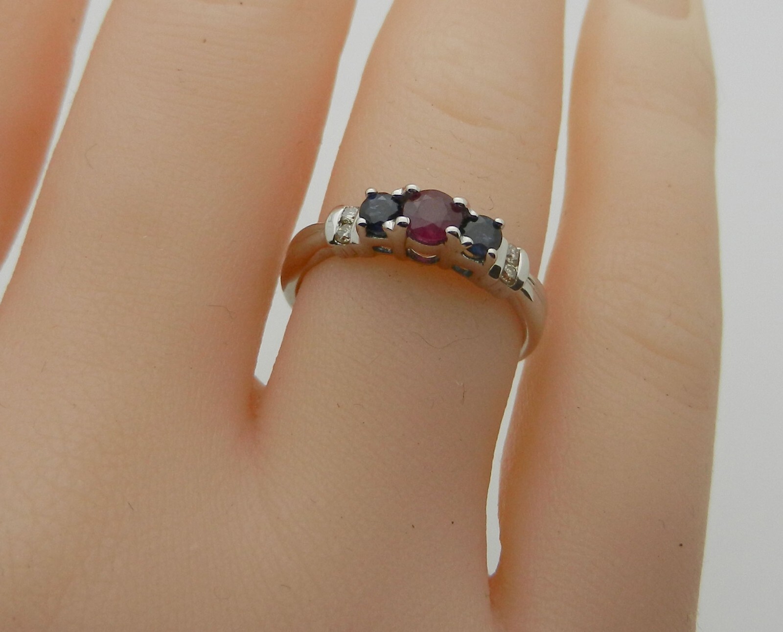 3-Stone Ruby, Sapphire Ring Band with Diamond Accents, Solid 14k Gold, size 6.25