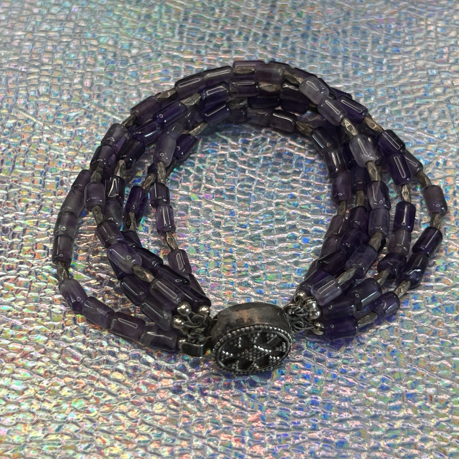 Vintage Multi Strand Amethyst Bead Sterling Box Clasp Bracelet 6.5″