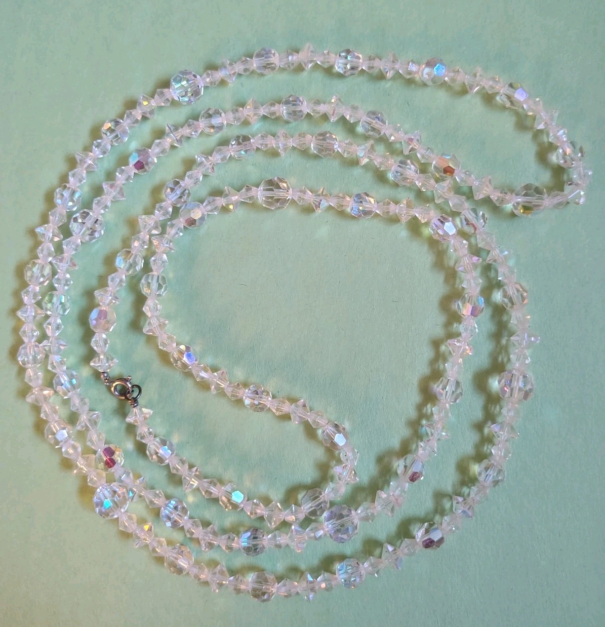 Vintage VERY LONG Faceted CLEAR CRYSTALS Beaded Chain Necklace