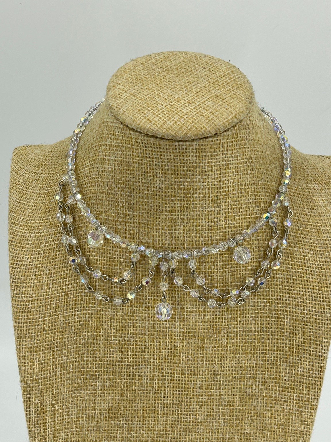 Vintage Crystal Choker Tension Necklace Silver Tone AB Faceted Glass Dangle
