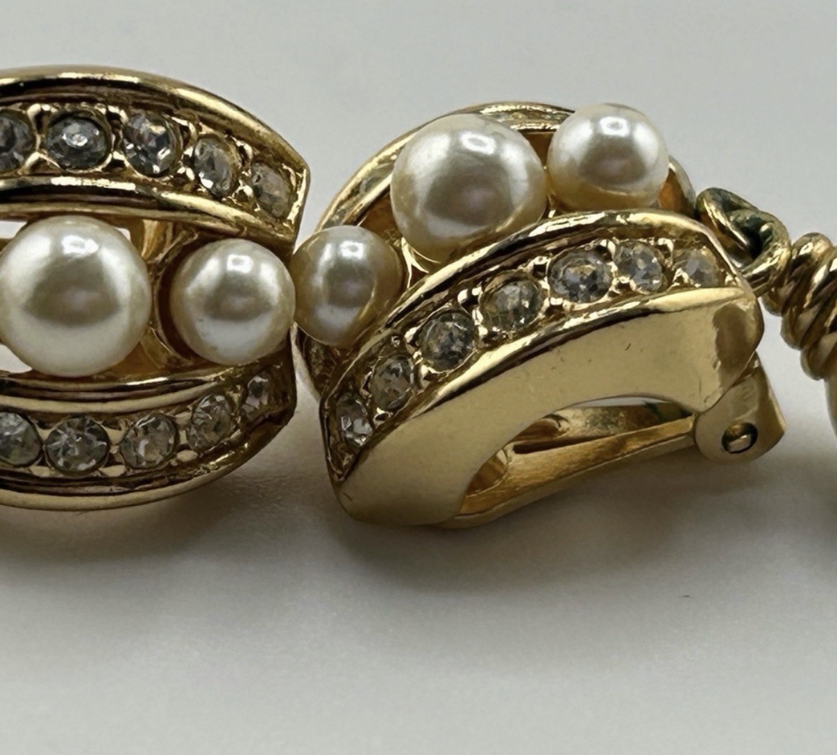 Signed Christian Dior Faux Pearl Rhinestone Gold Tone Clip On Earrings Old Stock