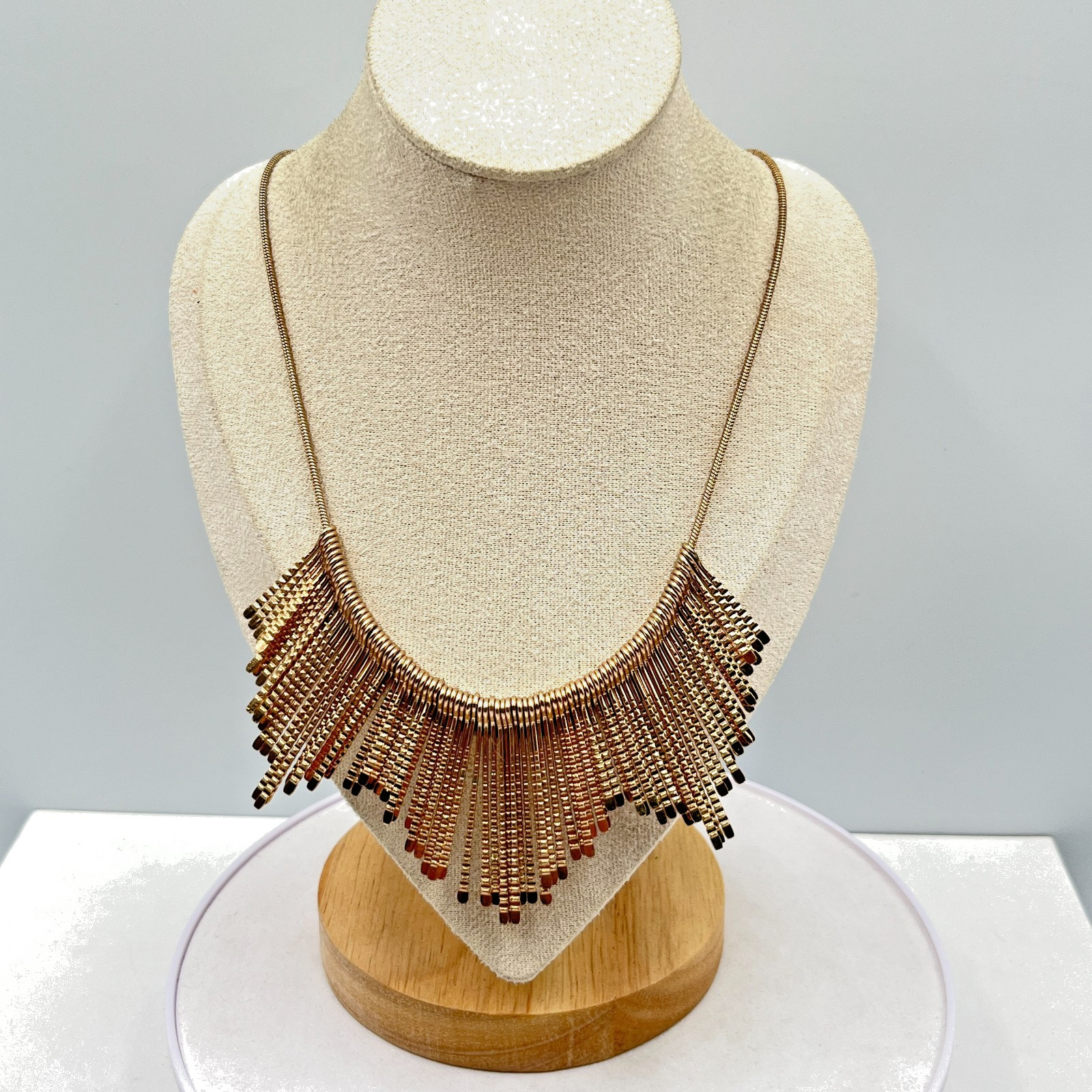 Vintage Style Gold Tone Fringe Bib Necklace, Textured Bar Drop Statement Jewelry