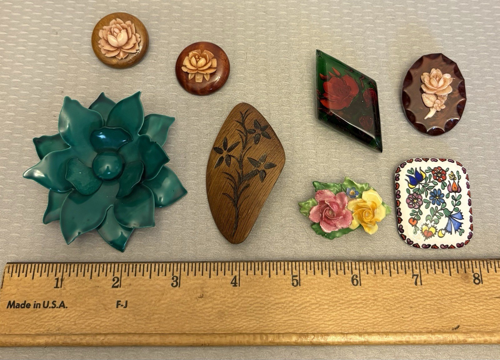 Vintage Flower Pin Brooch Lot Enamel Austria England Wood Lucite Mod Roses 8P