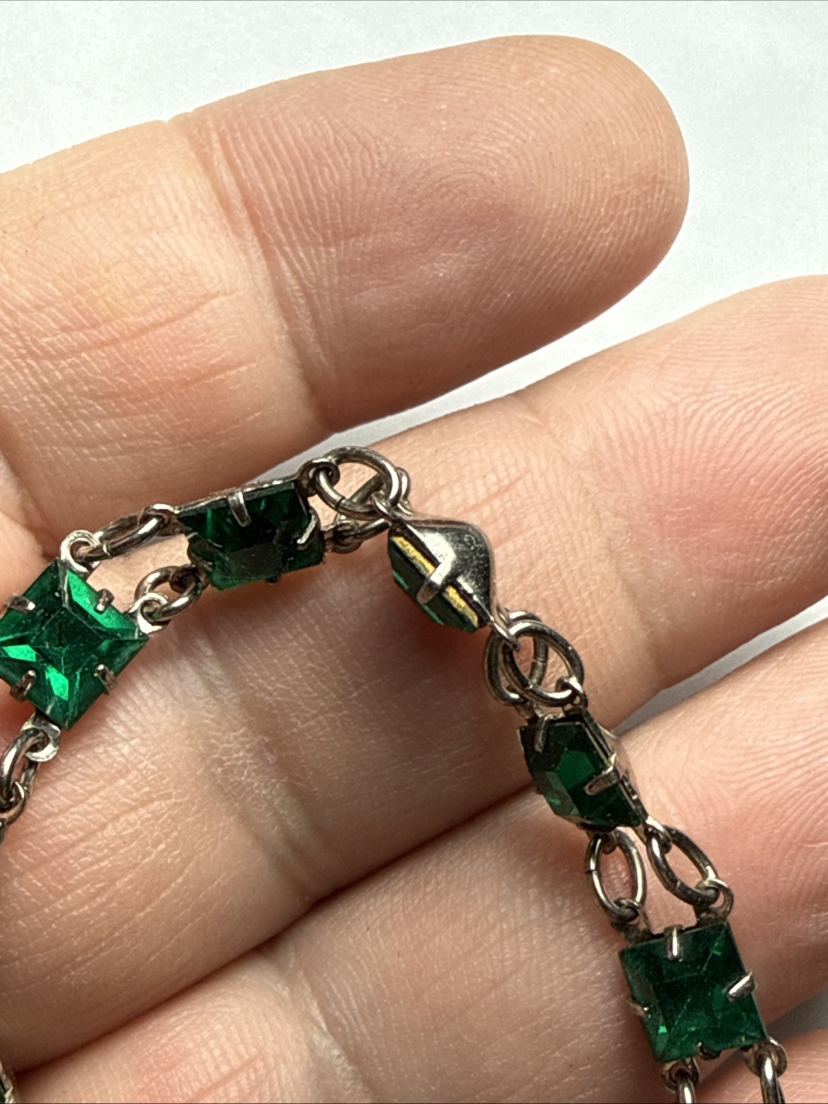 Bracelet Art Deco Paste Gwen Emerald Glass Sterling Silver Square Stone Antique