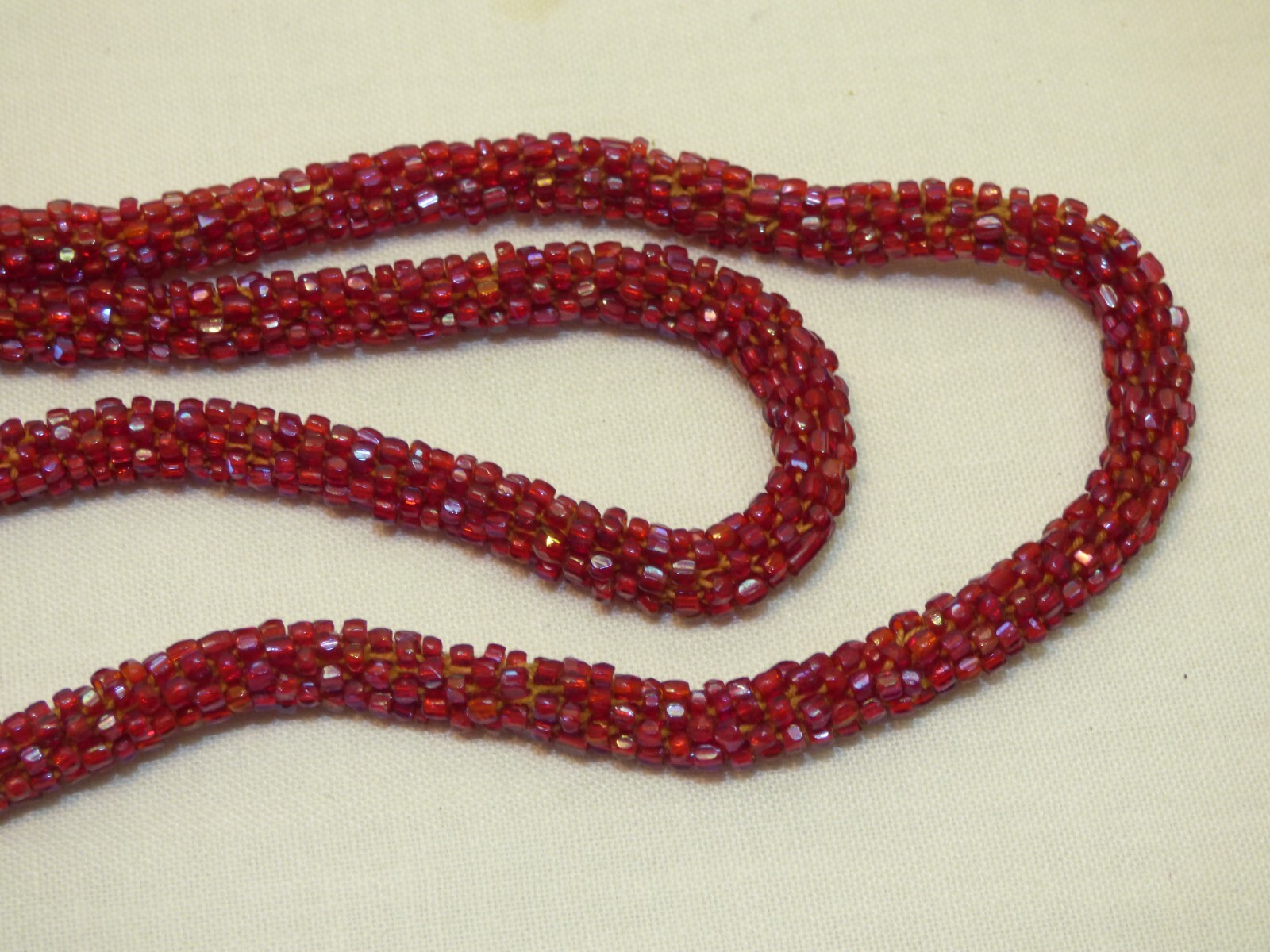 Vintage 44″ Dark Red Iridescent Rope Flapper Necklace Glass Seed Beads Shimmer