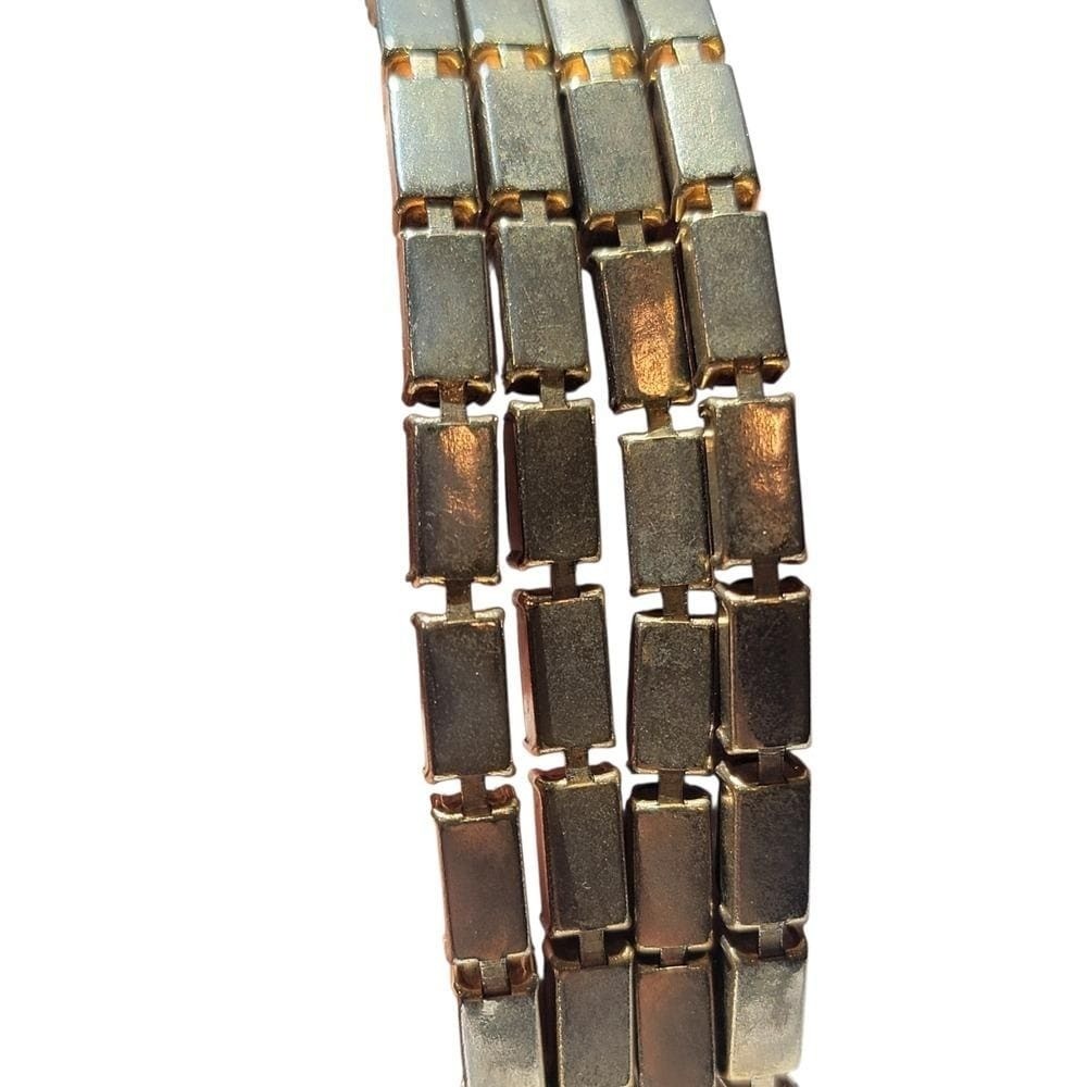 Vintage Black Glass Panel Bracelet Gold Tone Retro Mid Century Costume Jewelry