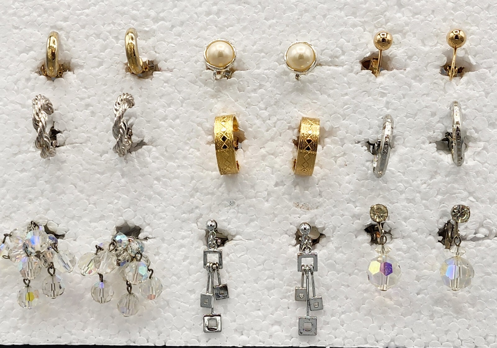 Lot 9 Prs Vtg Mid Century Clip Earrings Napier Dangle Gol/Silver Tone AB Crystal