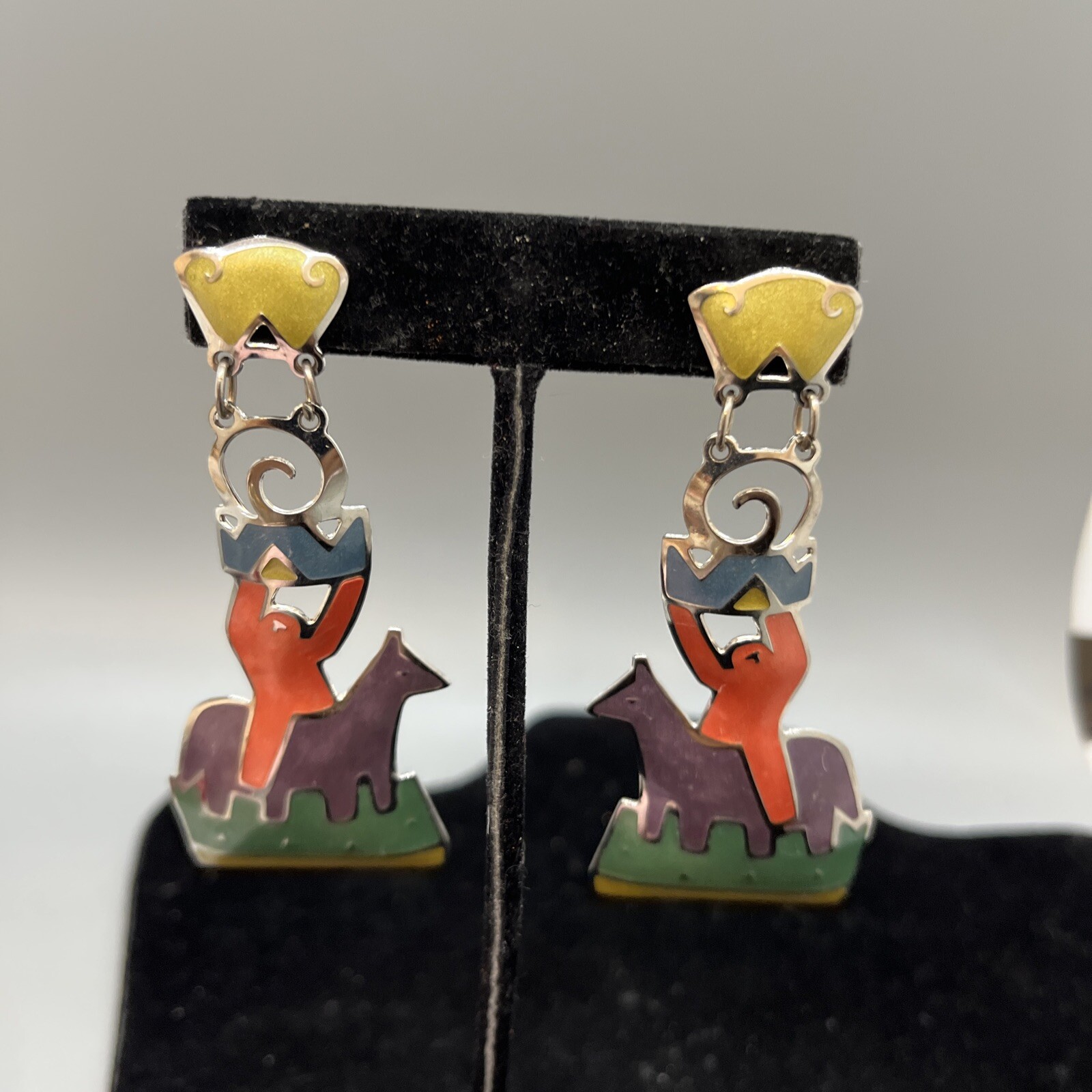 Vintage Signed Edgar Berebi Enamel Dangle Stud Earrings, 1980s Horse ? Person