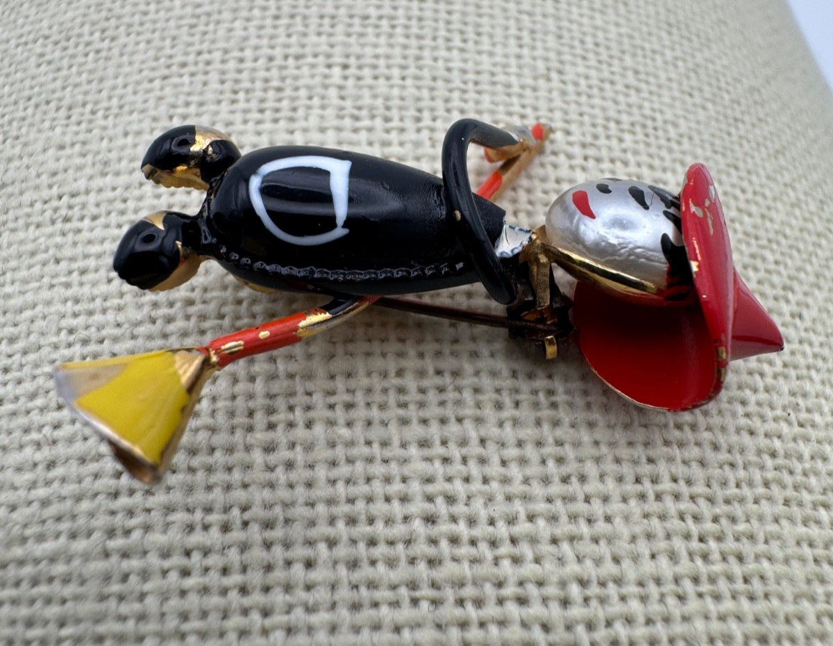 Vintage Halloween Witch Brooch Pin Red Hat Black Dress Broom Figurine