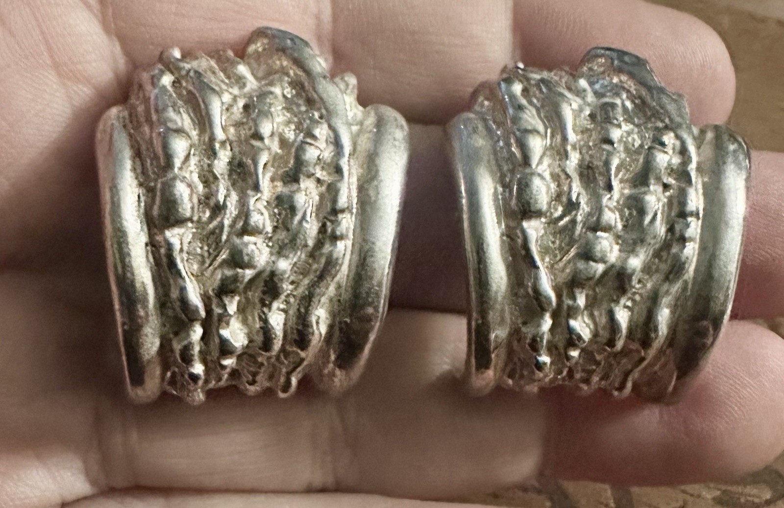 Large Vintage Modernist/Brutalist Pierced Earrings Molten Silver Half Hoop LOOK!