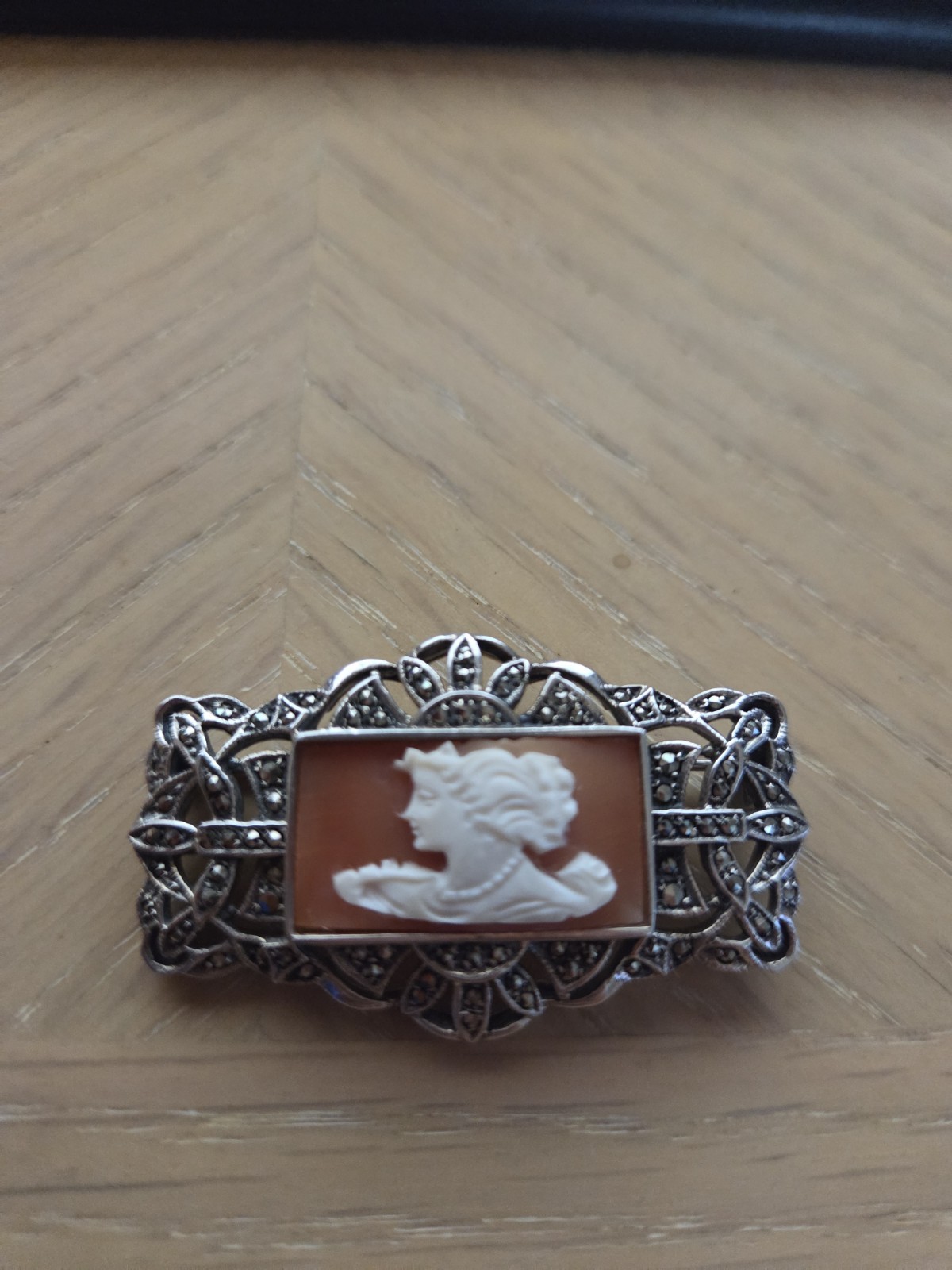 Art Deco Sterling Silver, Marcasite, & Carved Shell Cameo Brooch