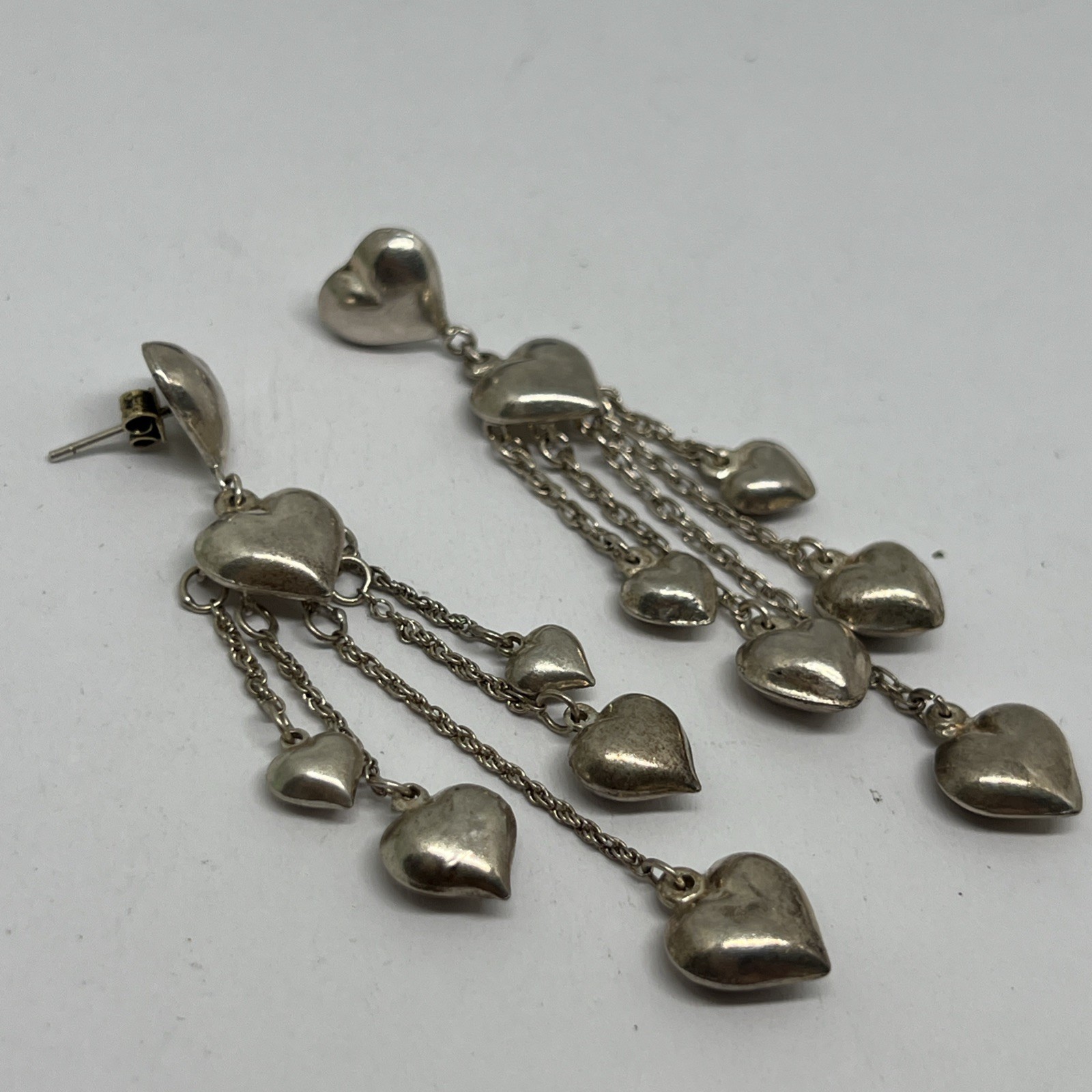 Vintage 925 Sterling Silver Puffy Heart Dangle Chandelier Earrings Signed CW 14