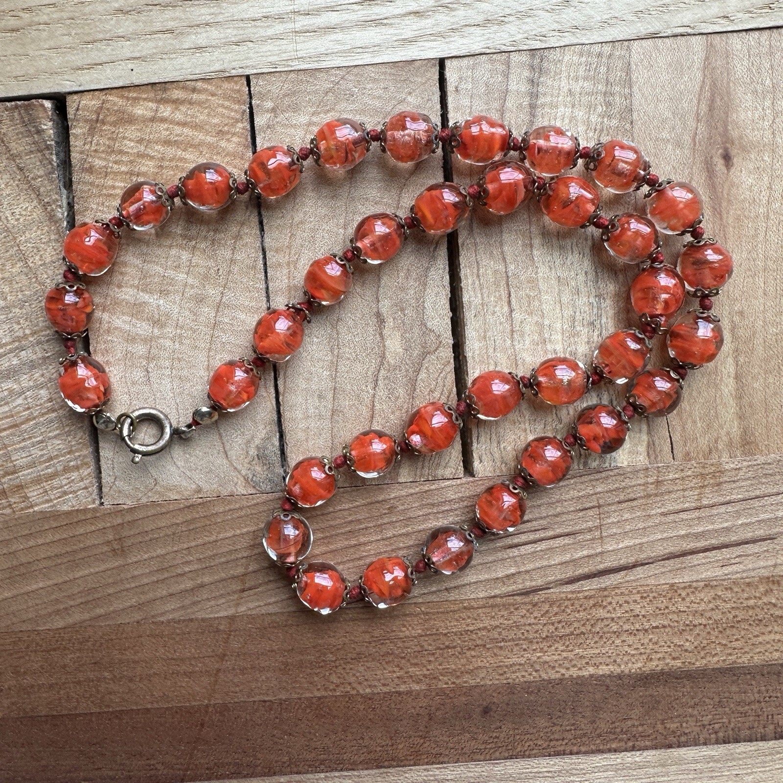 Vintage Beaded Necklace 17.5 in Venetian Murano Art Glass Cased Red Orange Gold