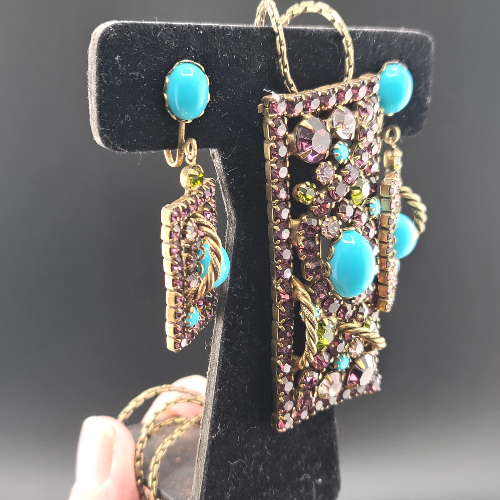 Vtg 3 pc Set Brooch Pendant Earrings Purple Rhinestones Blue Cabochons Jewelry
