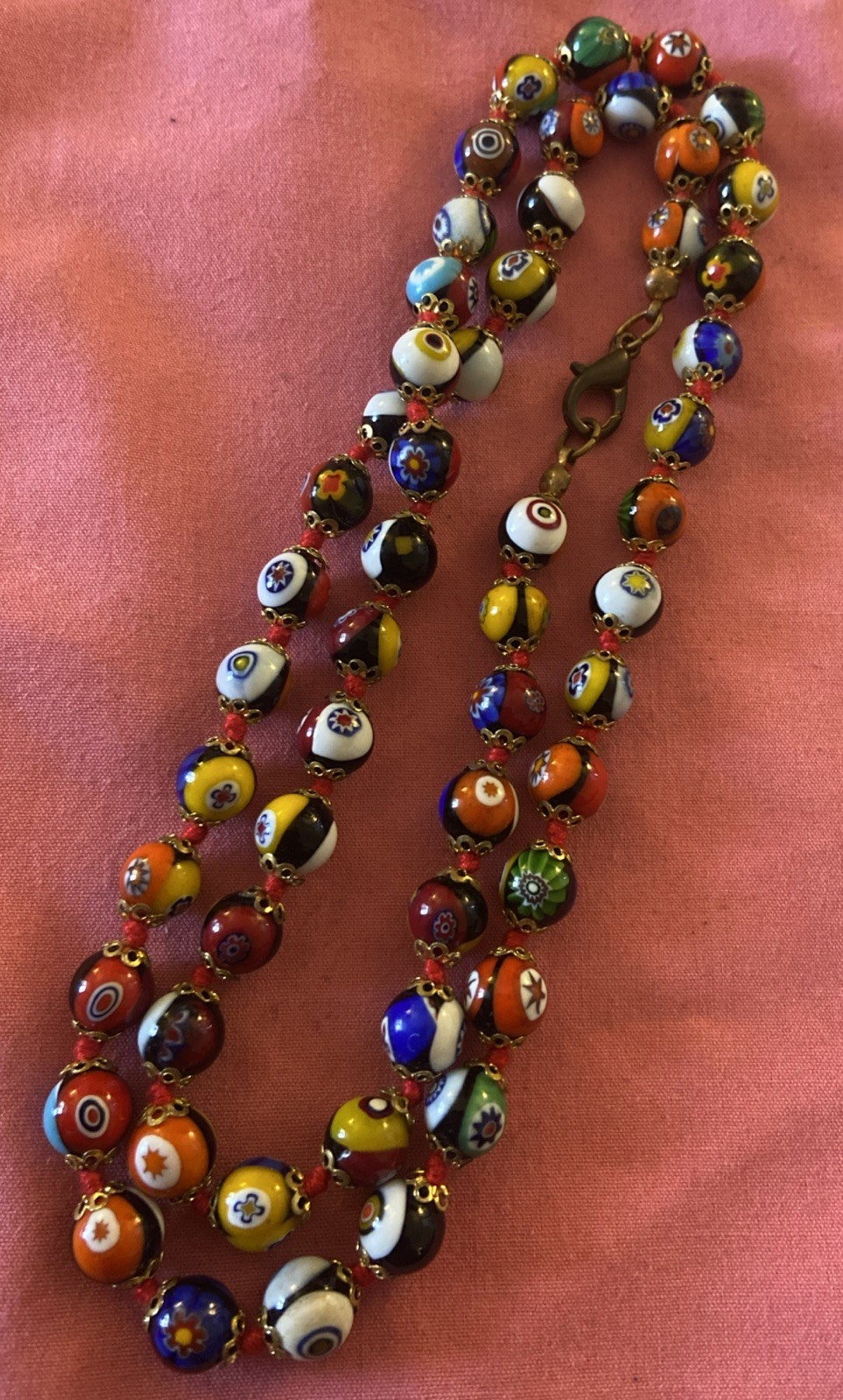 Italian Murano Venetian Millefiori Art Glass Hand Knotted Bead Necklace 24 1/2in