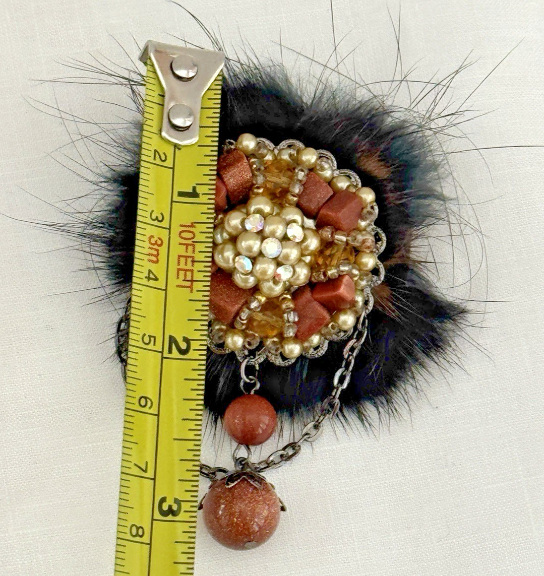 VTG Mink Fur Beaded Brooch 1960s Faux Pearl Aurora Borealis