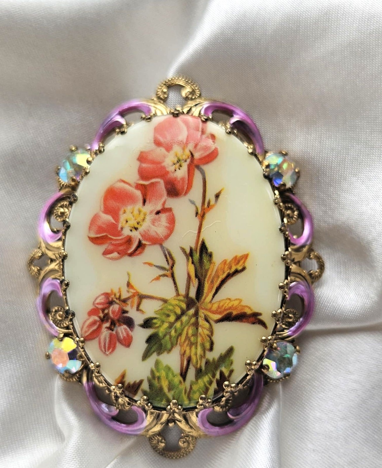 Made Germany intage 40’s Rhinestone Orange Poppy Flower Porcelain Brooch 23f6