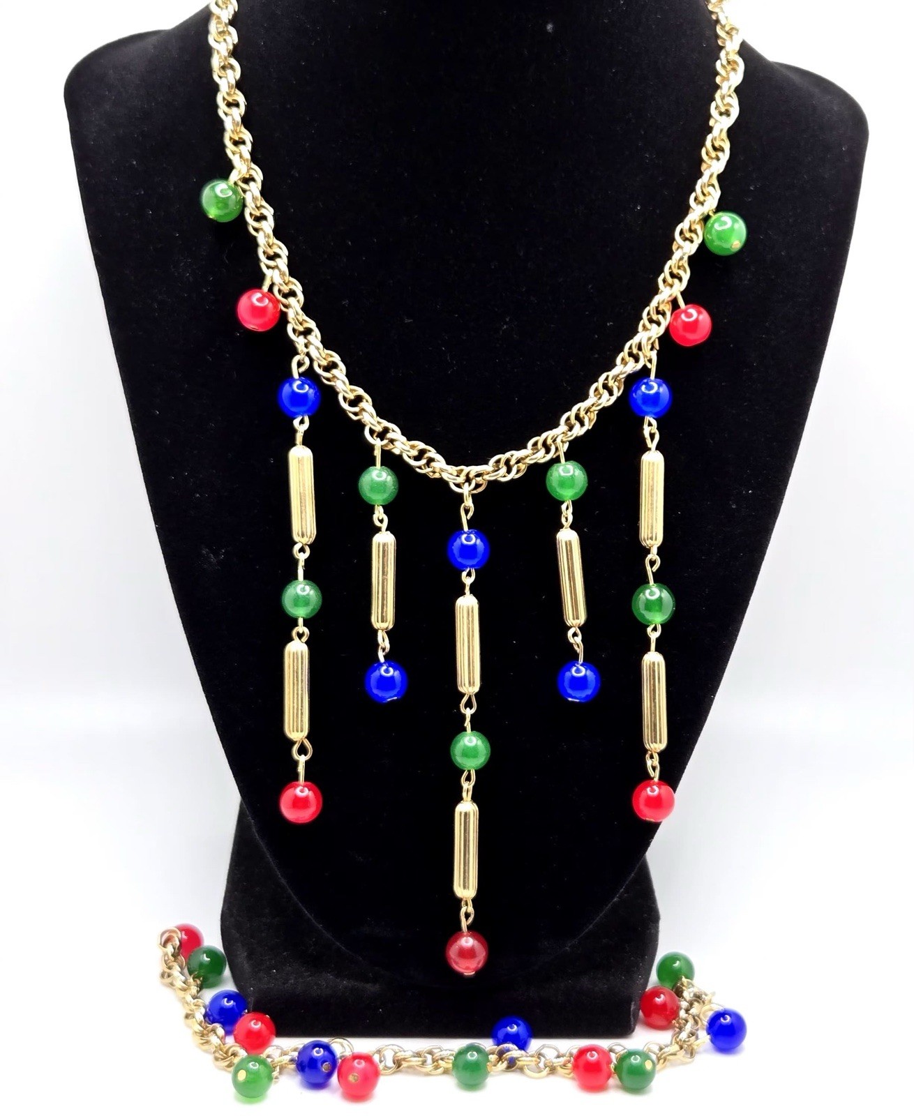 VTG Necklace & Bracelet Set, Gold Tone Chain with Red, Blue, Green Glass Beads