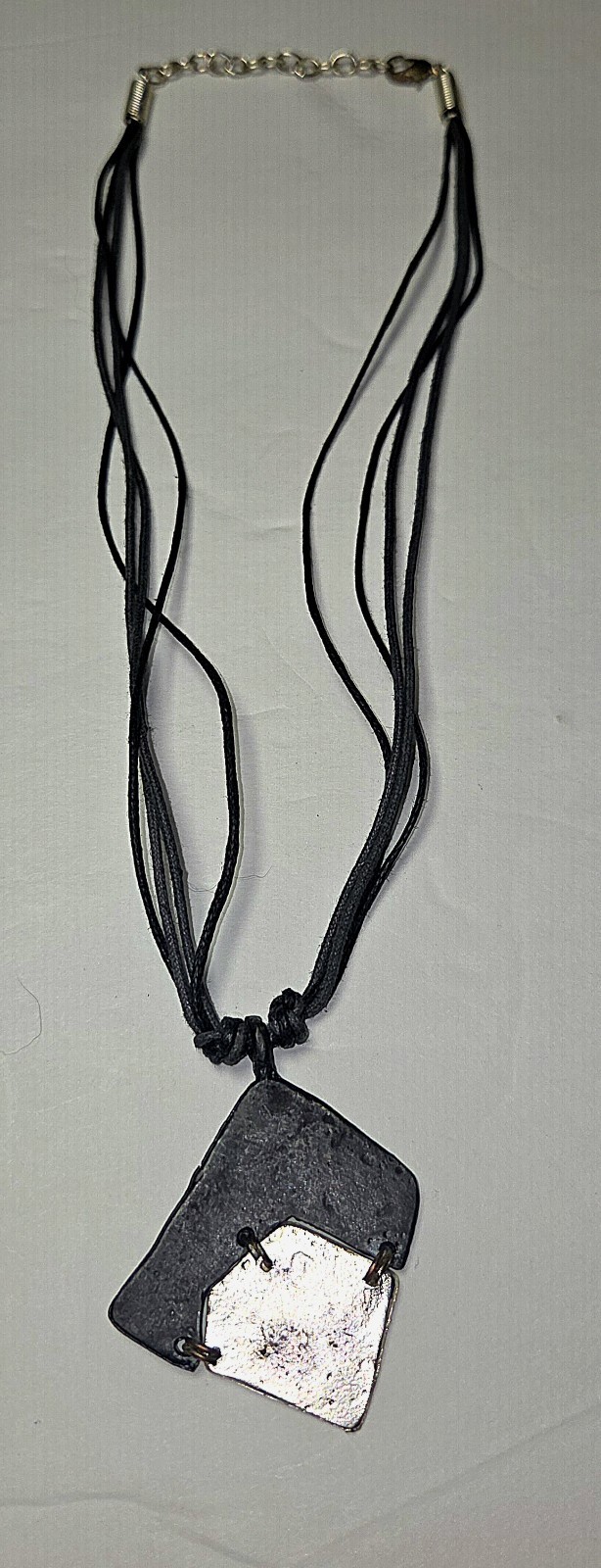 Vintage Handmade Organic Metal Abstract Pendent On Black Layered Cord