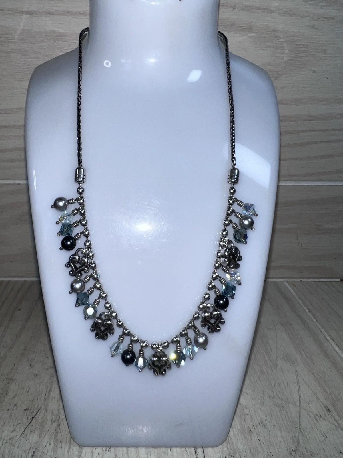 Brighton Retired Charm Faux Bicone Shape Beads Scroll Hearts Pearls Necklace