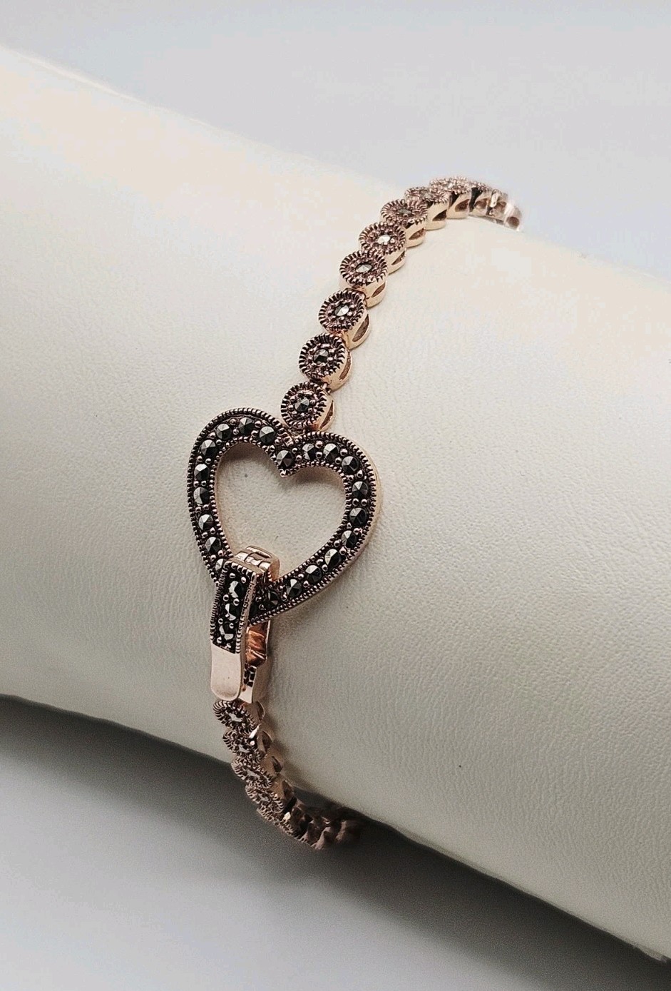 Kit Heath Sterling Silver Rose Gold Vermeil Marcasite Heart Clasp Bracelet 8″