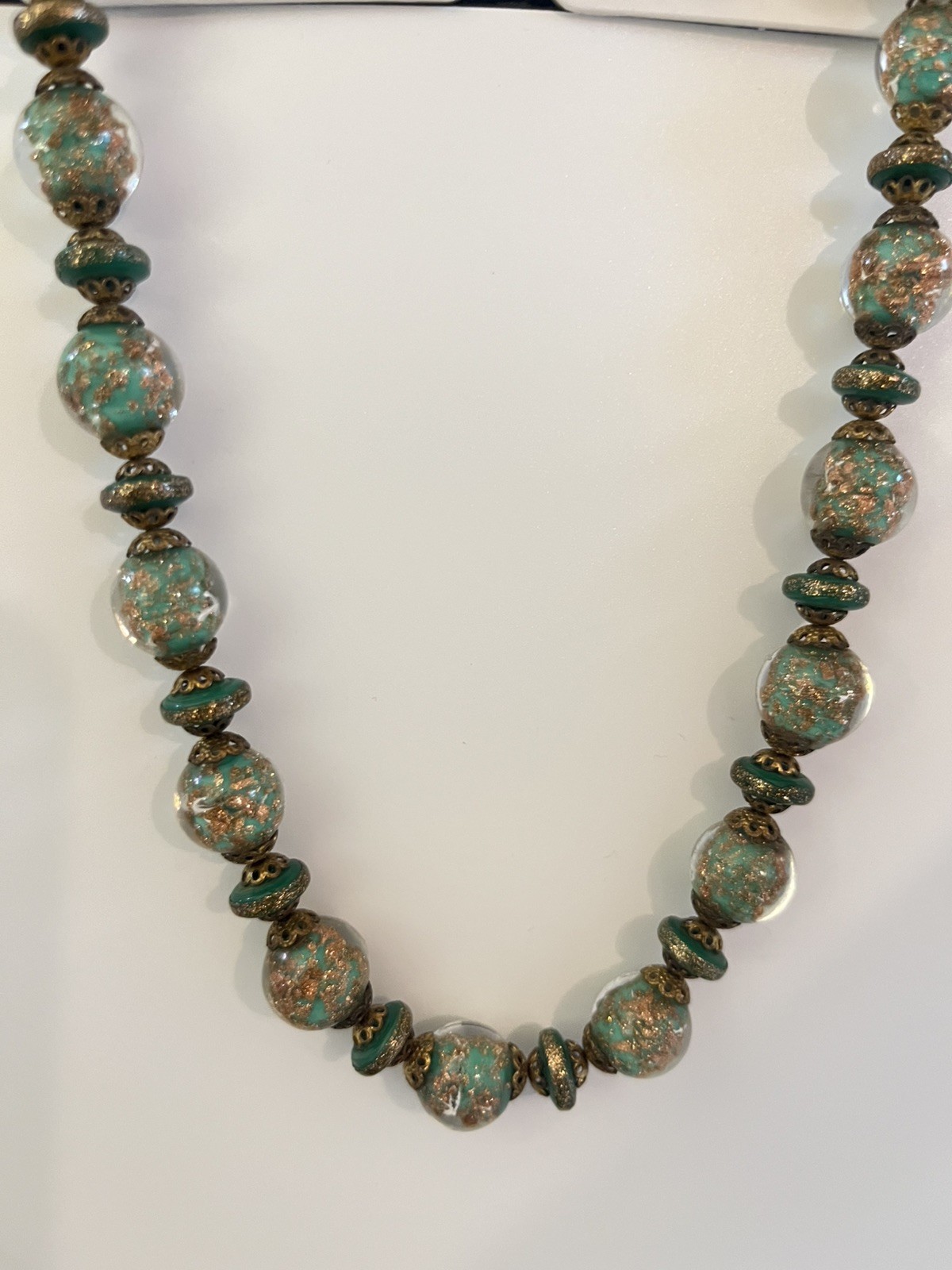 Vintage Murano Foil Glass Necklace Beaded Venetian Italy Estate Jewelry Green