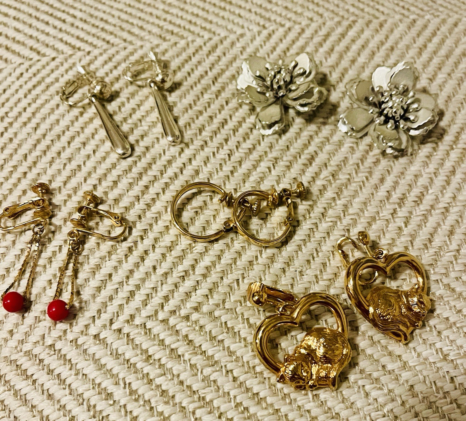 Napier Vintage Earrings Lot Gold-Tone Hoops, Red Glass Dangle, Floral Clip-On