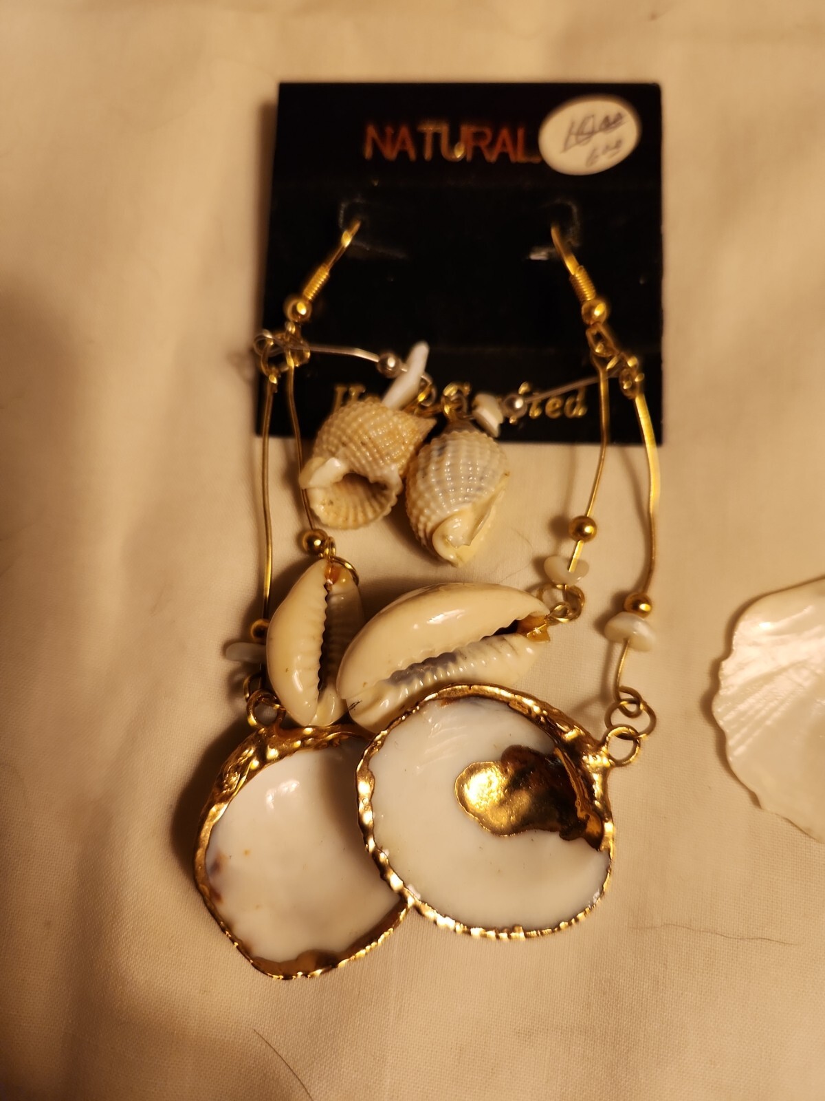 Vtg Sea shell pendant gold trim foil natural estate Lot 4″Dangle Earring Jewelry