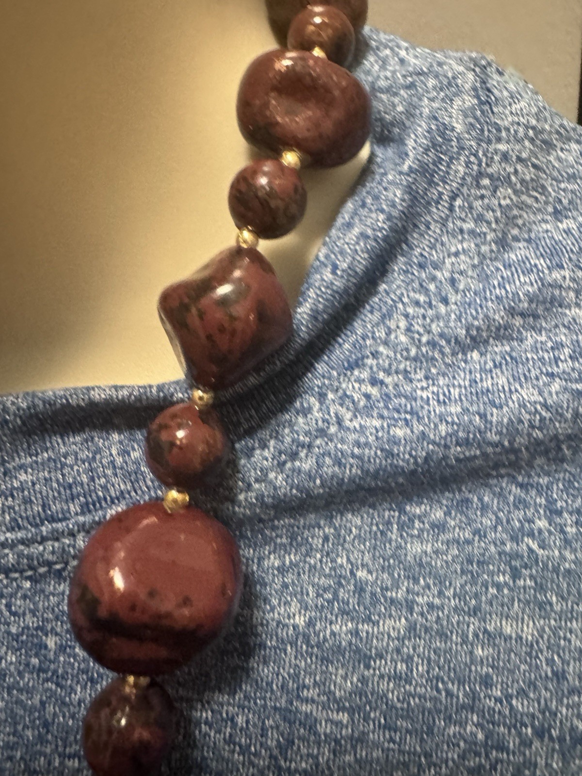 VTG 1970s Studio Pottery Ceramic Bead Necklace Chunky Glazed Oxblood Boho Wood