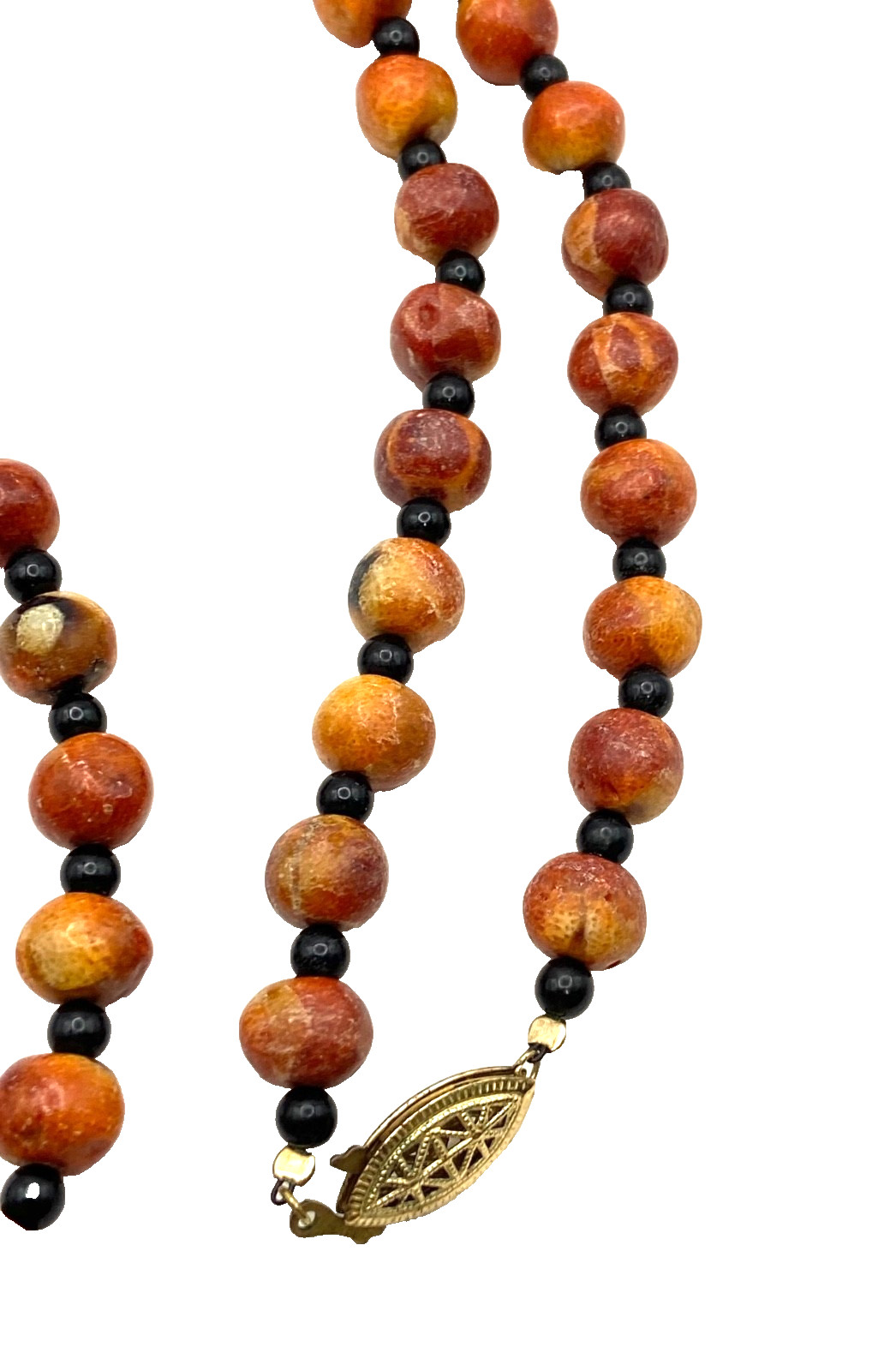 Vintage Apple Sponge Coral Red/Orange Beaded Necklace Black Agate? Gold Tone 24″
