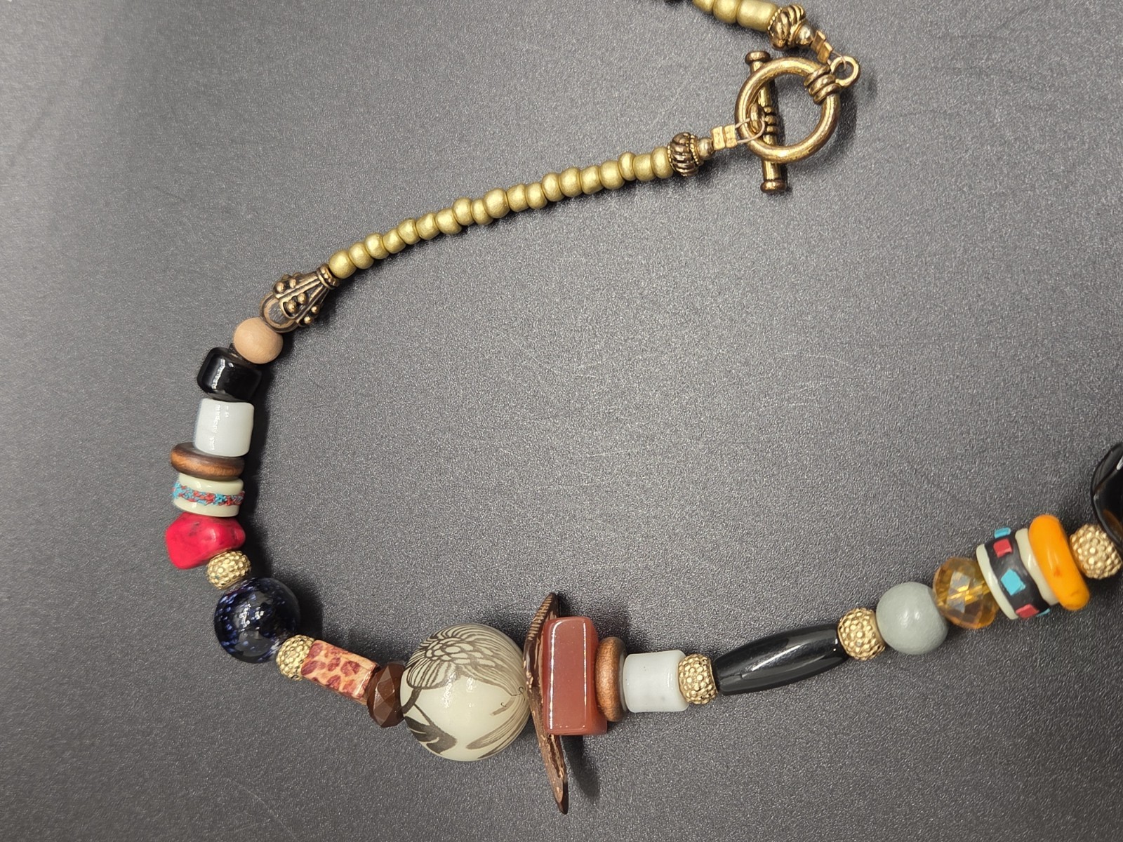 VTG Boho Necklace Artisan Glass Ceramic Lucite Stone Wood Fun Festival Beads 28″