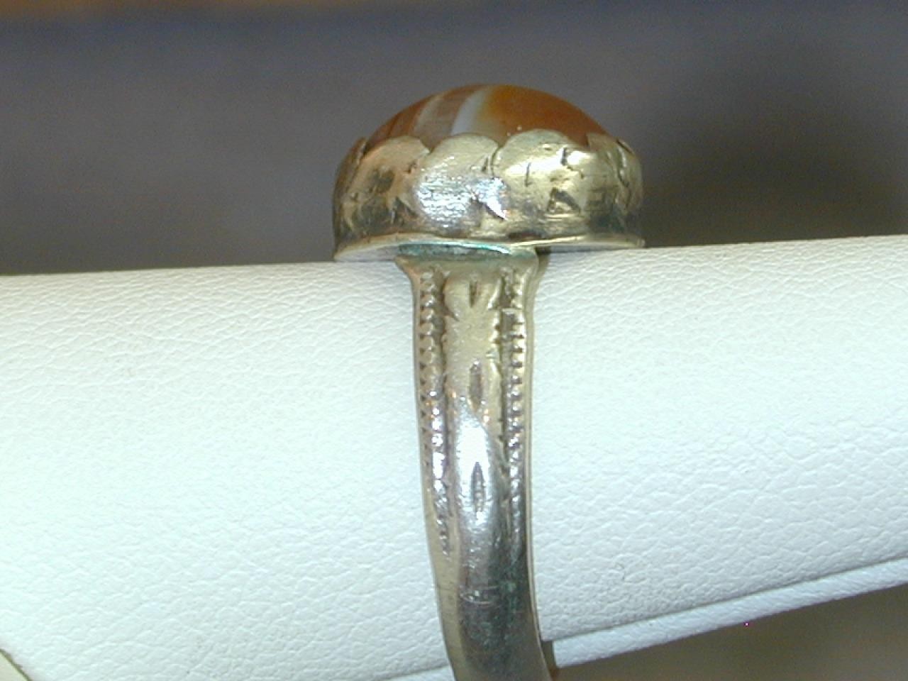 Antique Silver Metal Ring Colorful Banded Agate 7.75