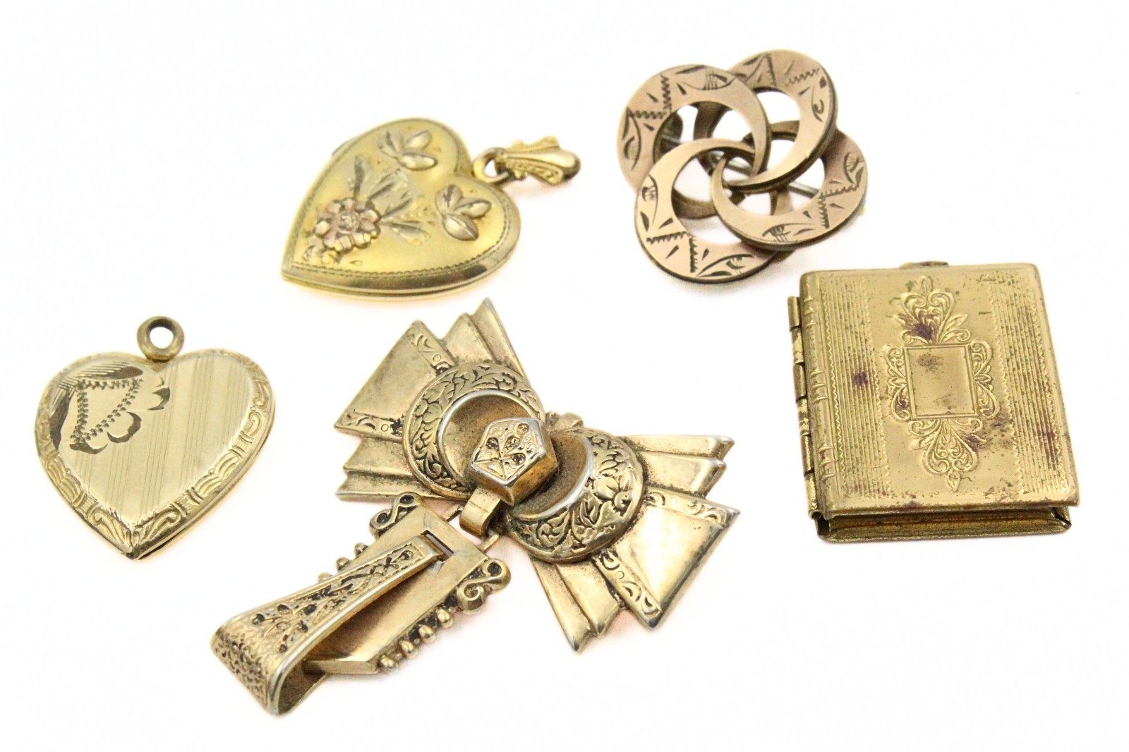 Antique Victorian Gold Filled Etched Carved Heart Locket Pendant Lot